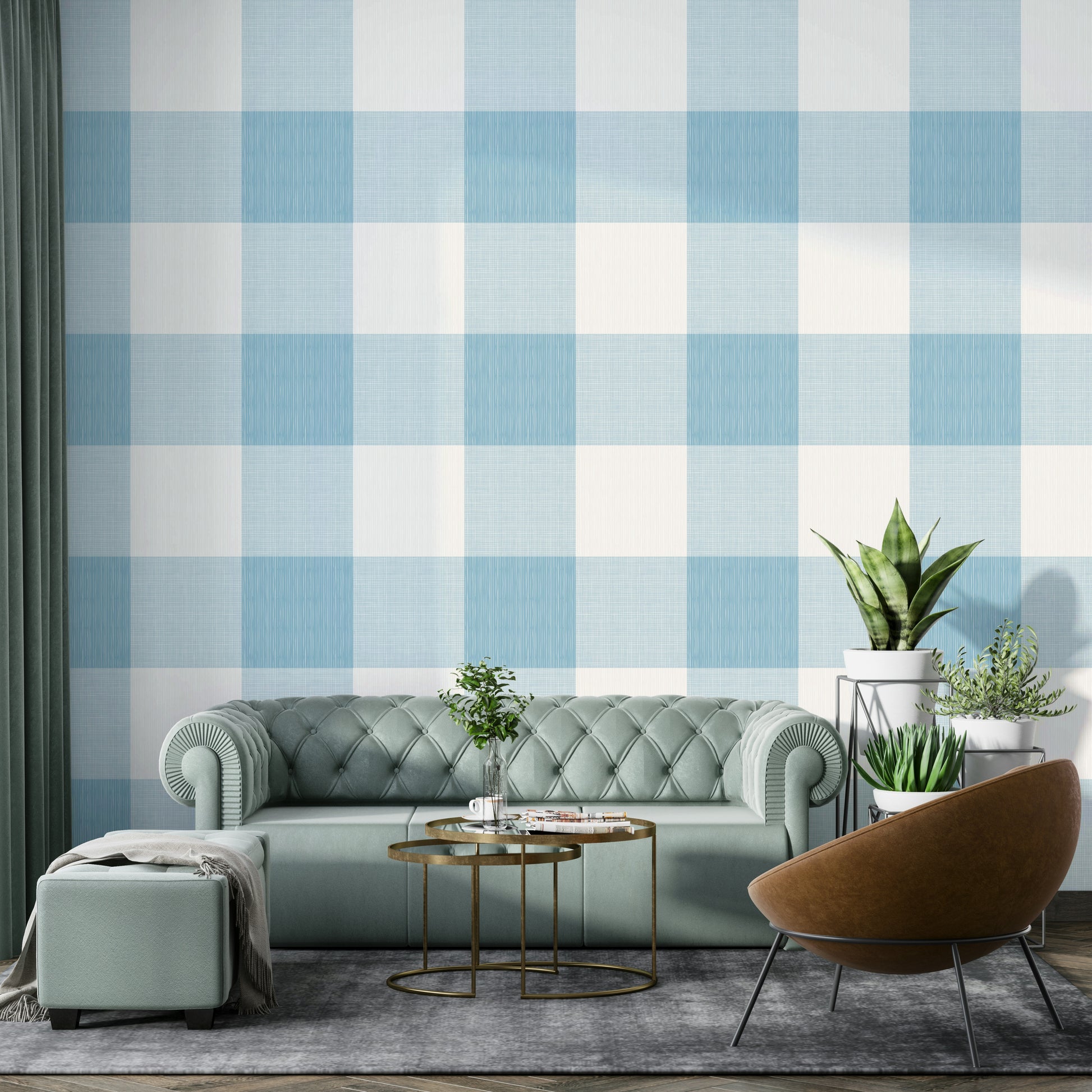 Soft blue farmhouse wallpaper with checks


