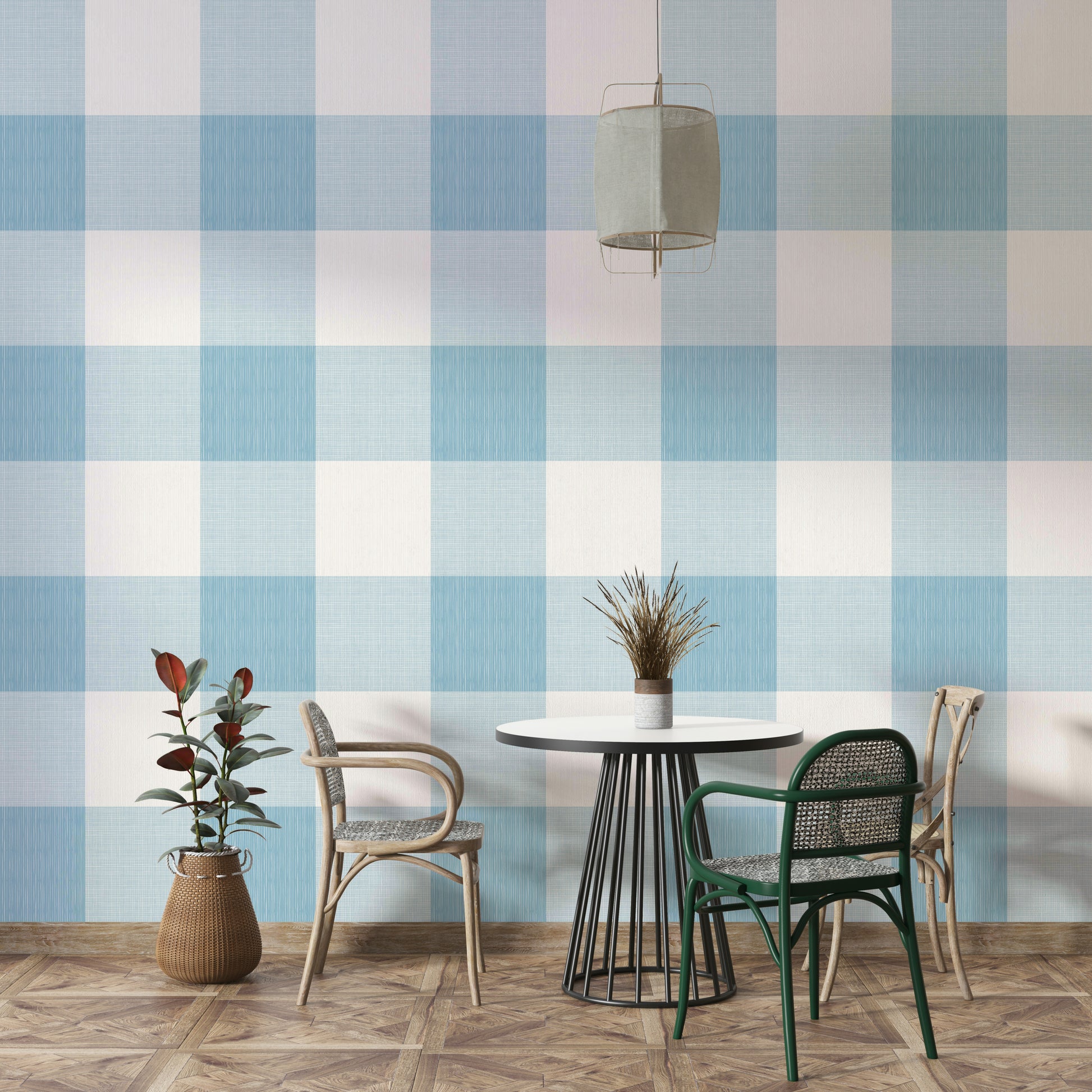 Cottage-inspired wallpaper in light blue plaid

