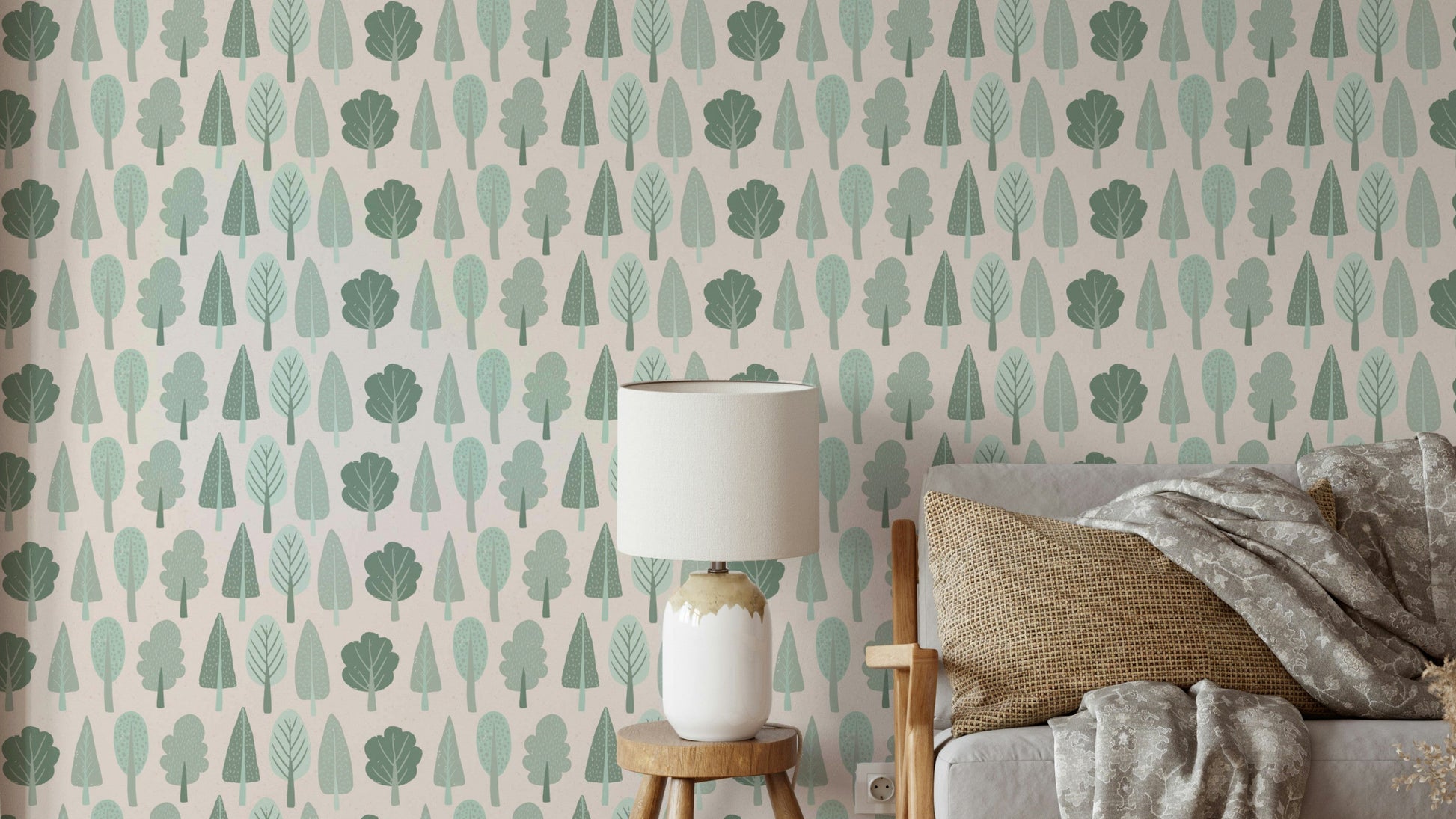 Scandinavian-style woodland wallpaper design

