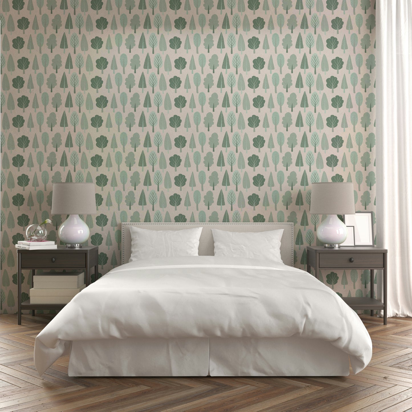 Serene woodland wallpaper in subtle green hues

