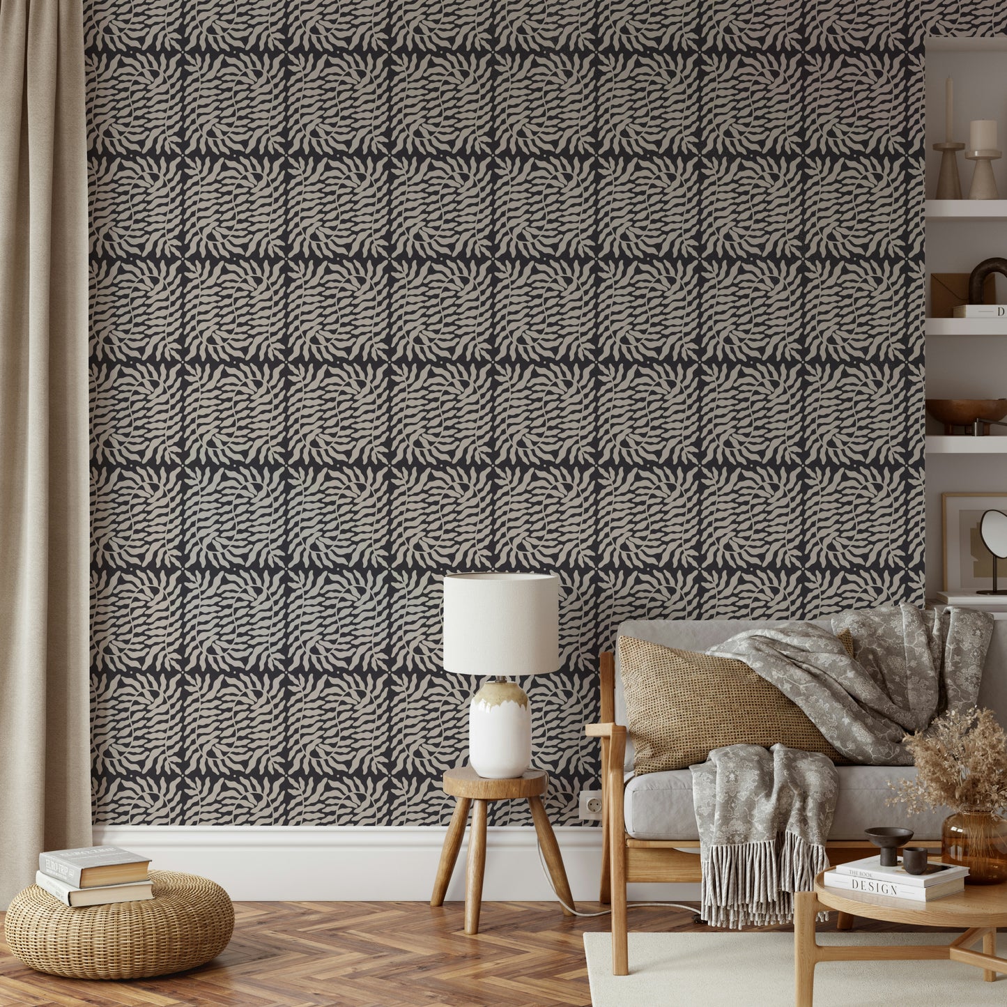 Subtle botanical wallpaper with taupe palette

