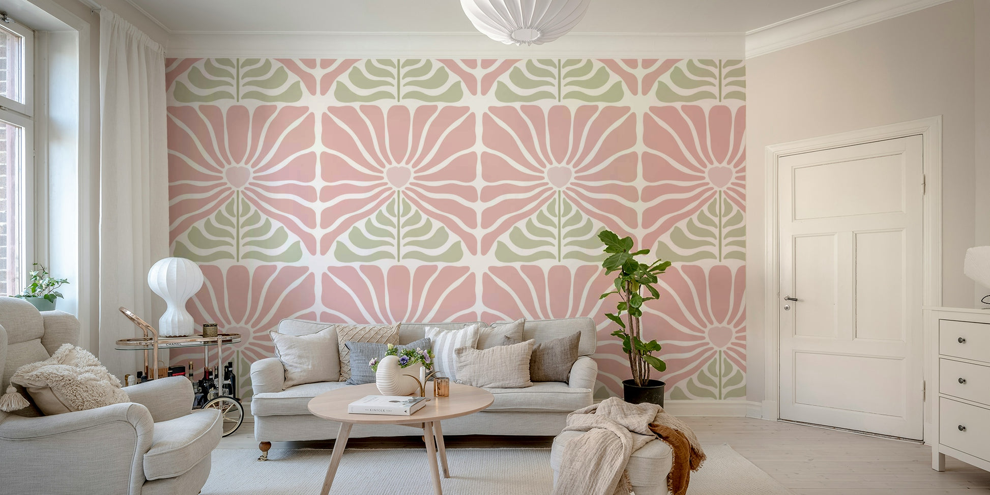Retro pink and green flower pattern wallpaper

