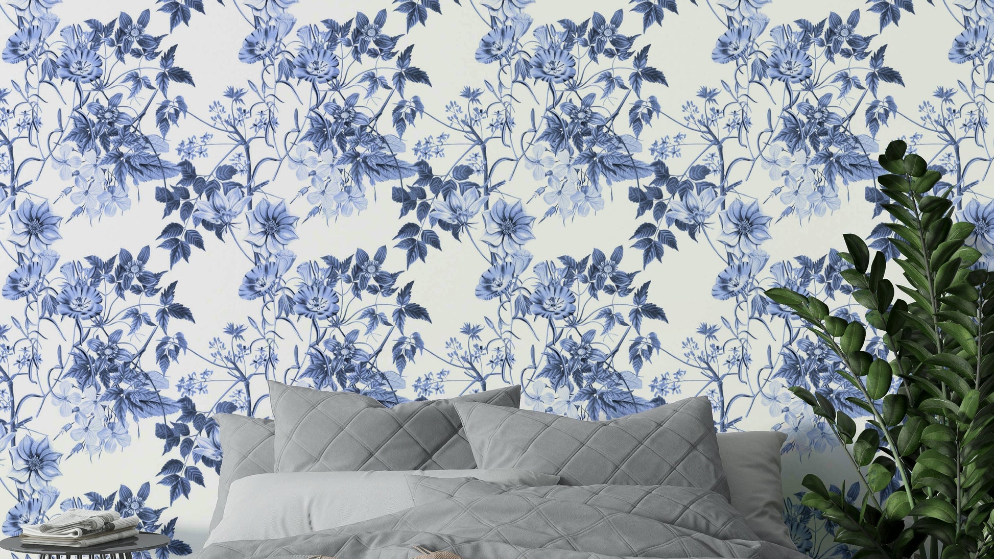 Serene blue wallpaper with botanical prints

