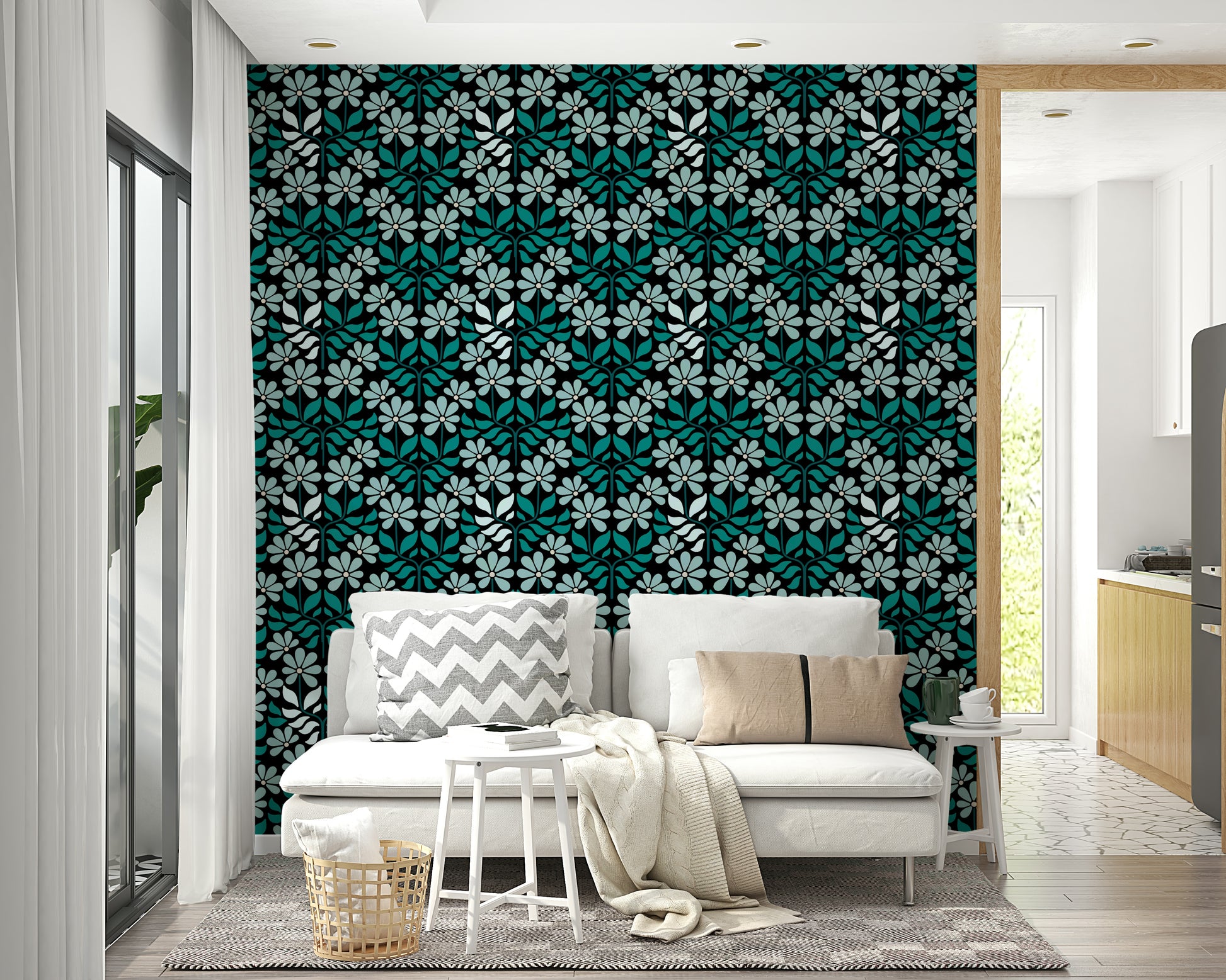 Mid-century floral wall design in soft blue

