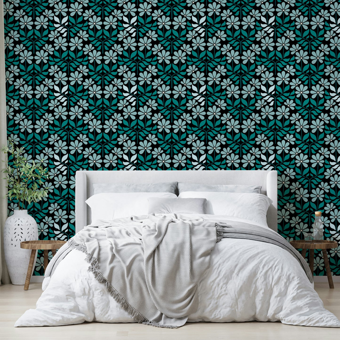 Chic retro wallpaper with groovy flower pattern

