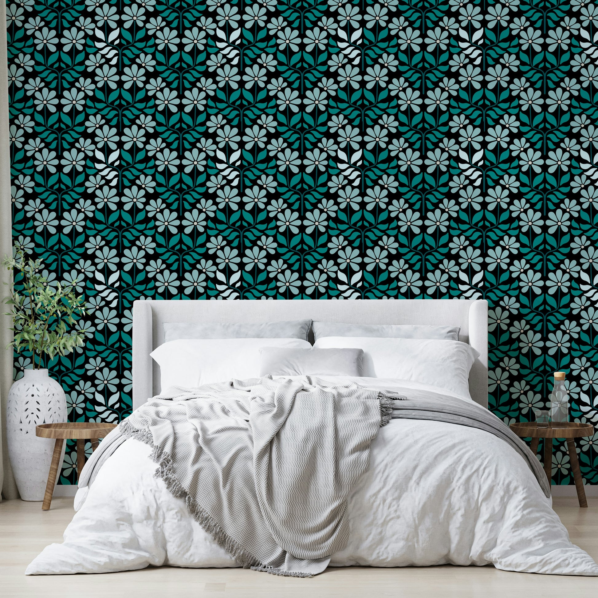 Chic retro wallpaper with groovy flower pattern

