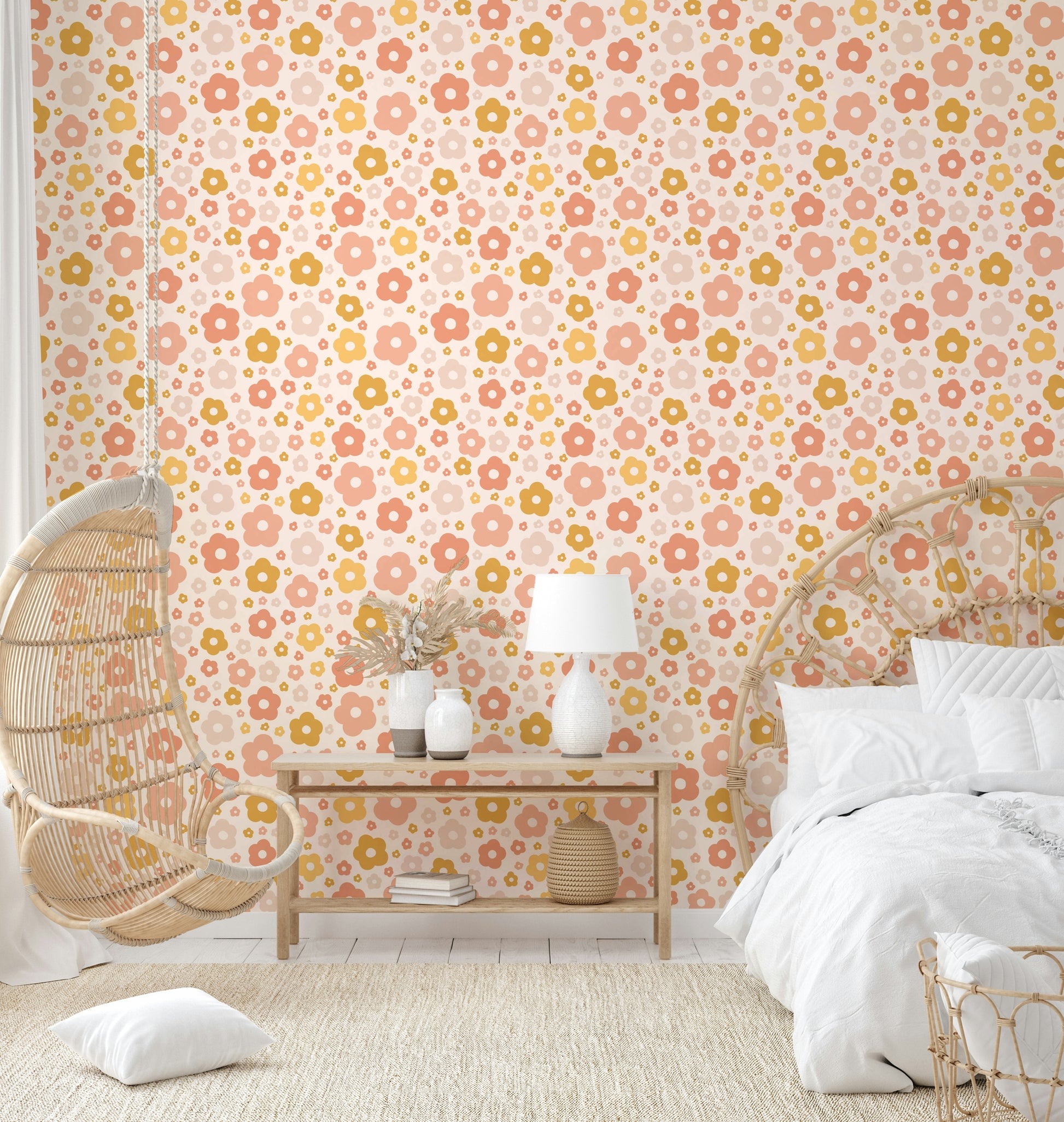 Free-spirited boho daisy wallpaper for cozy spaces

