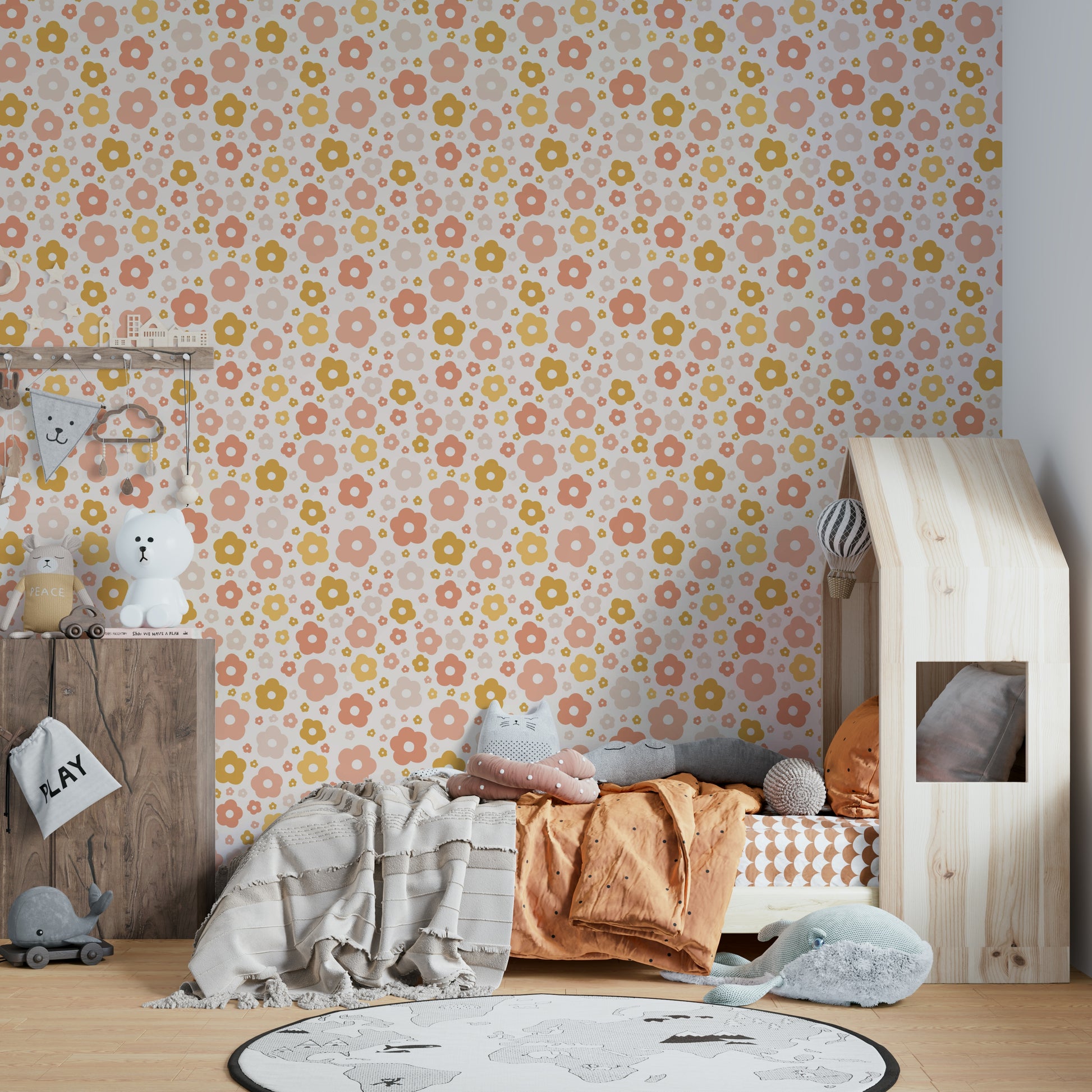Boho chic daisy wallpaper in muted, calming hues

