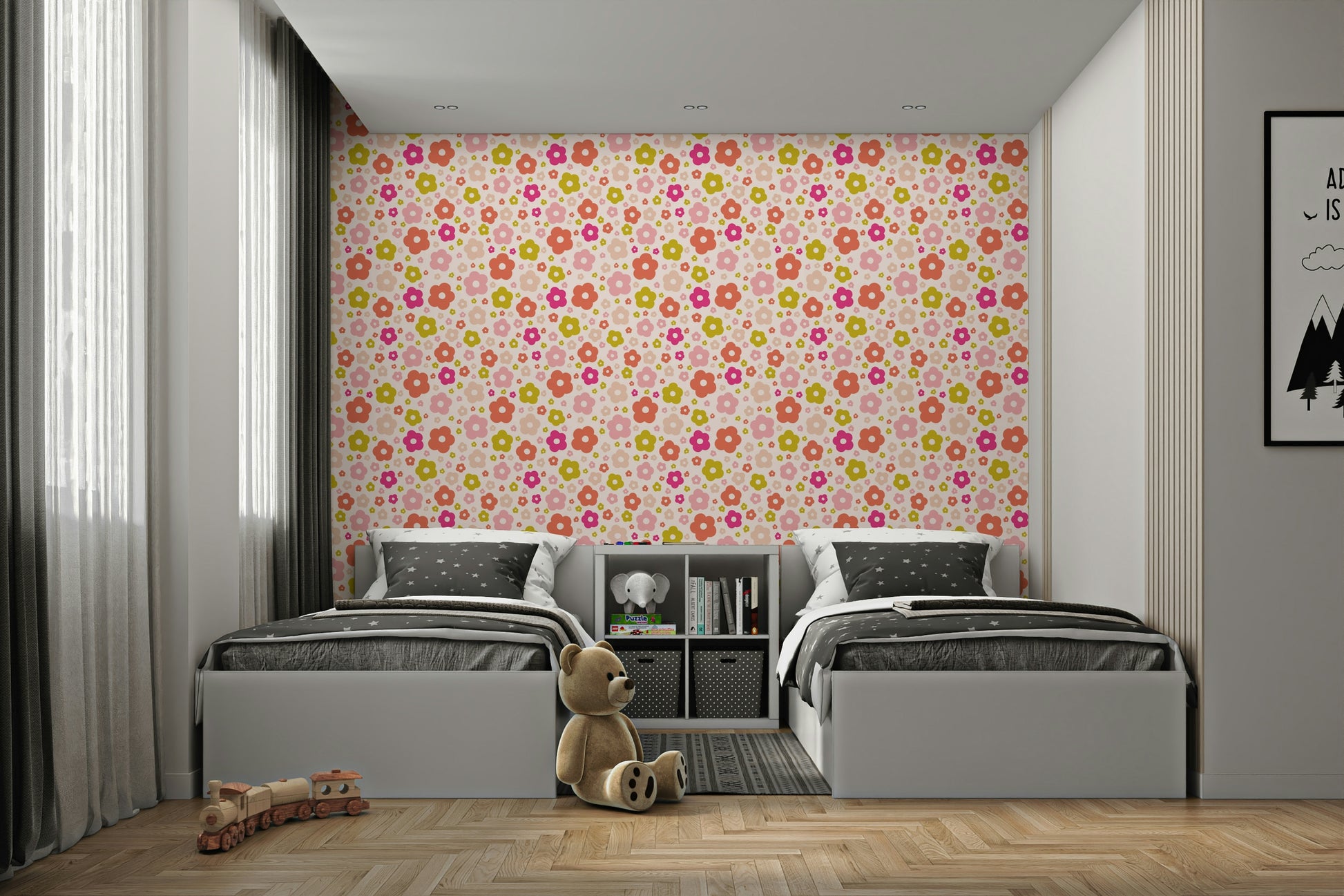 Happy floral wallpaper with bold daisy graphics


