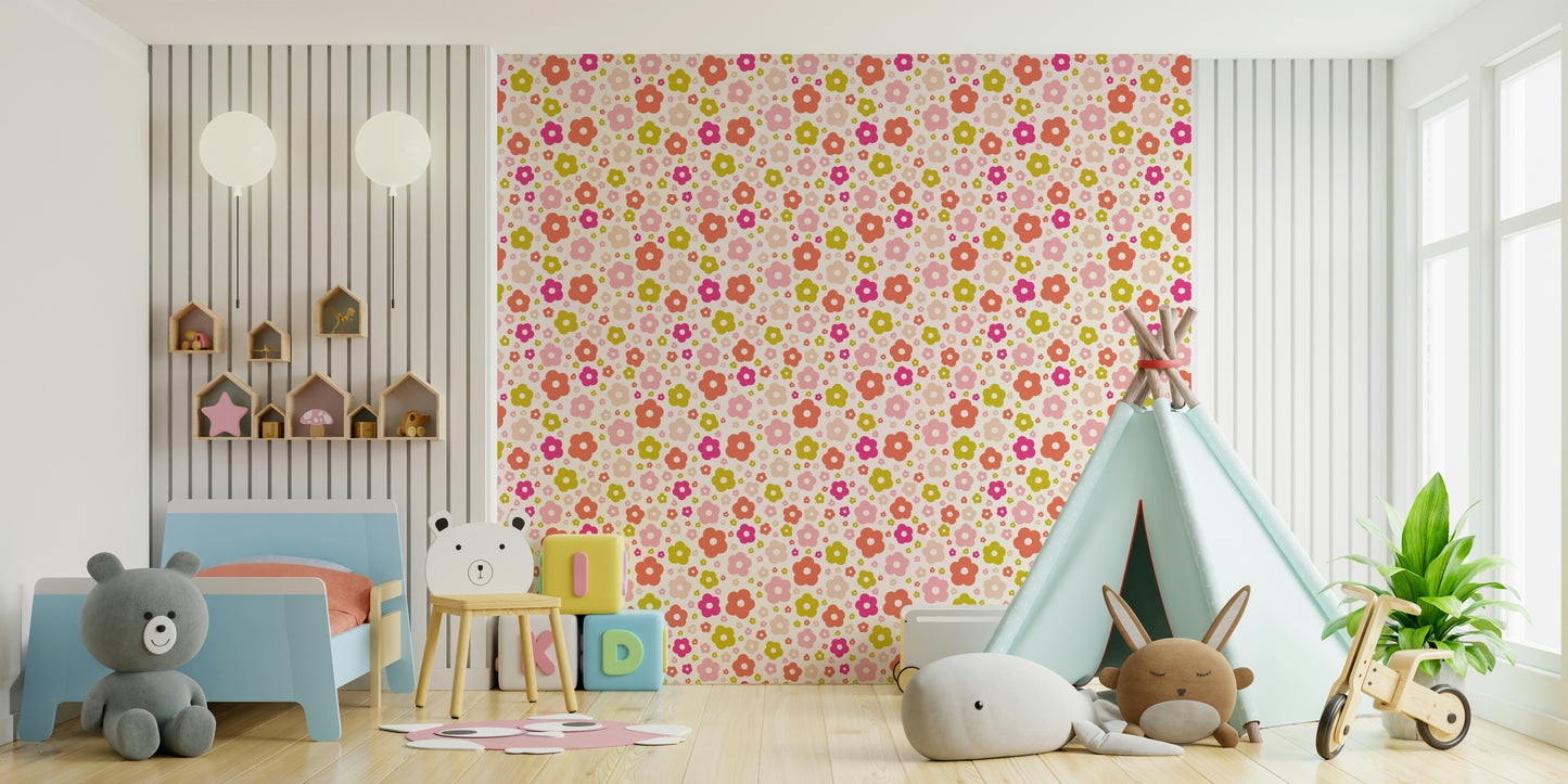 Playful daisy pattern wallpaper in vibrant tones


