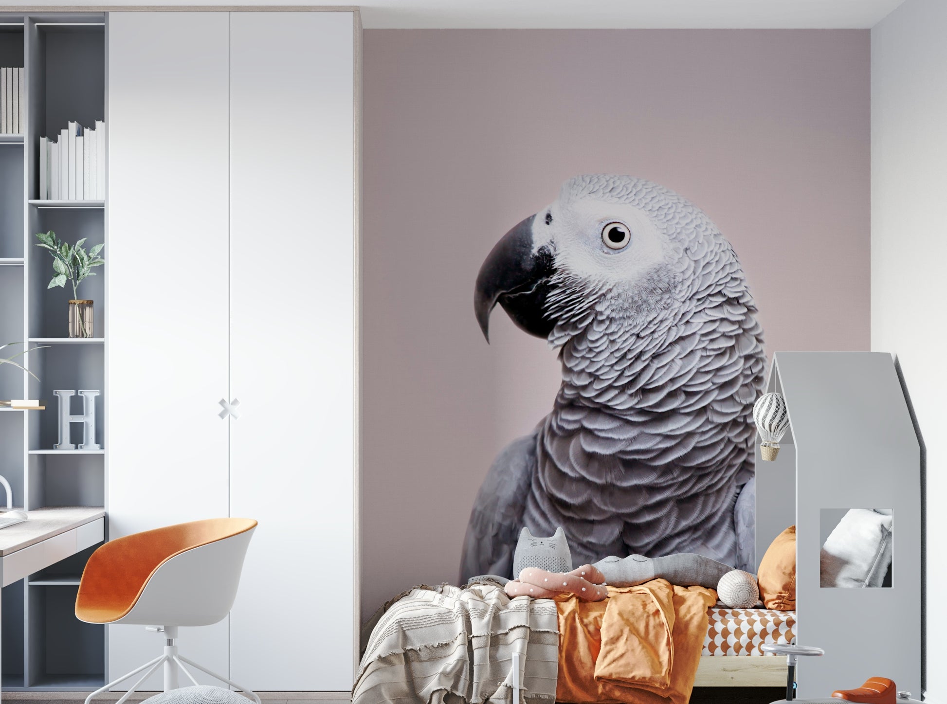 Tropical mural with perched African Grey parrot


