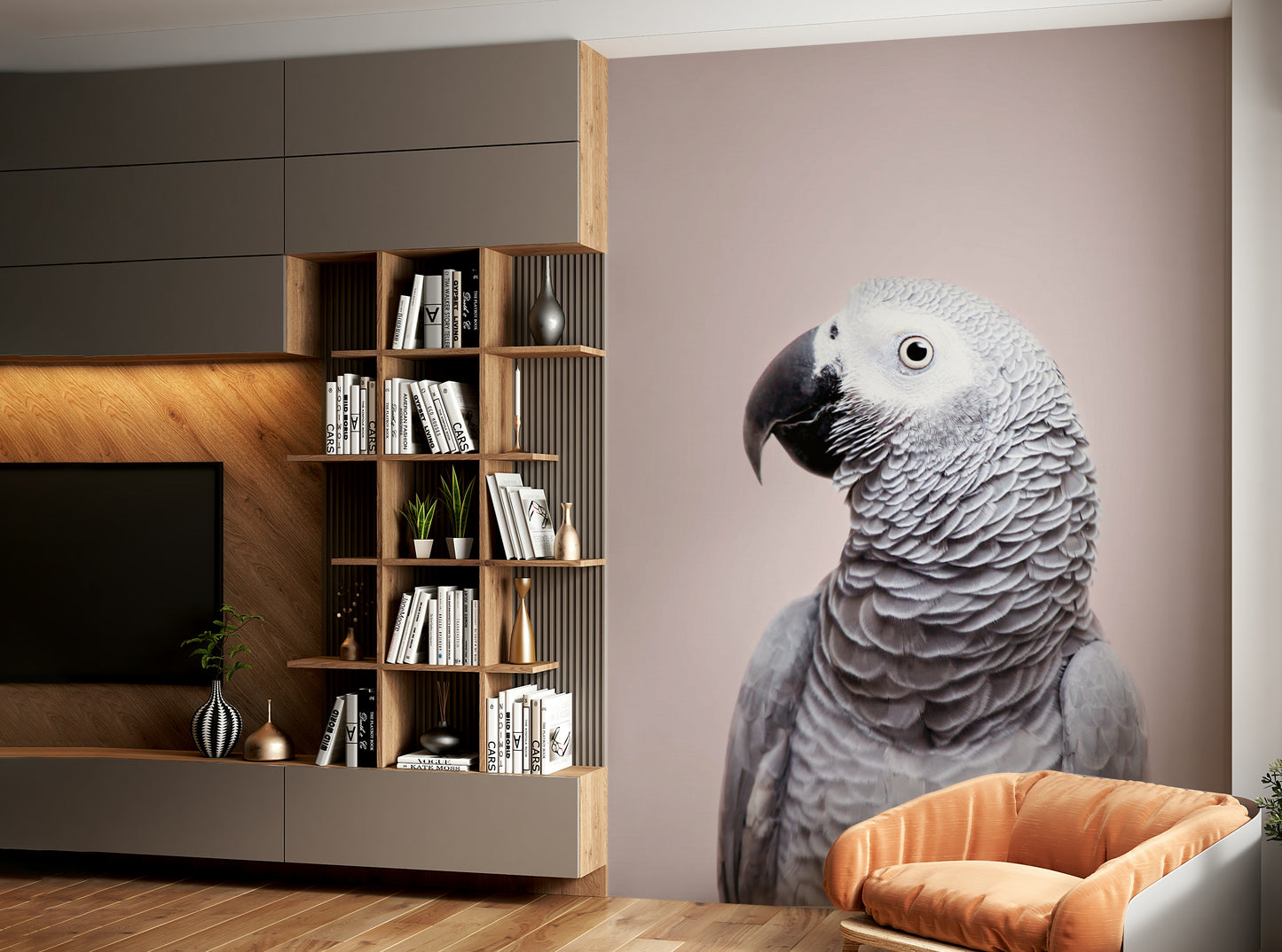 Exotic bird mural featuring African Grey parrot

