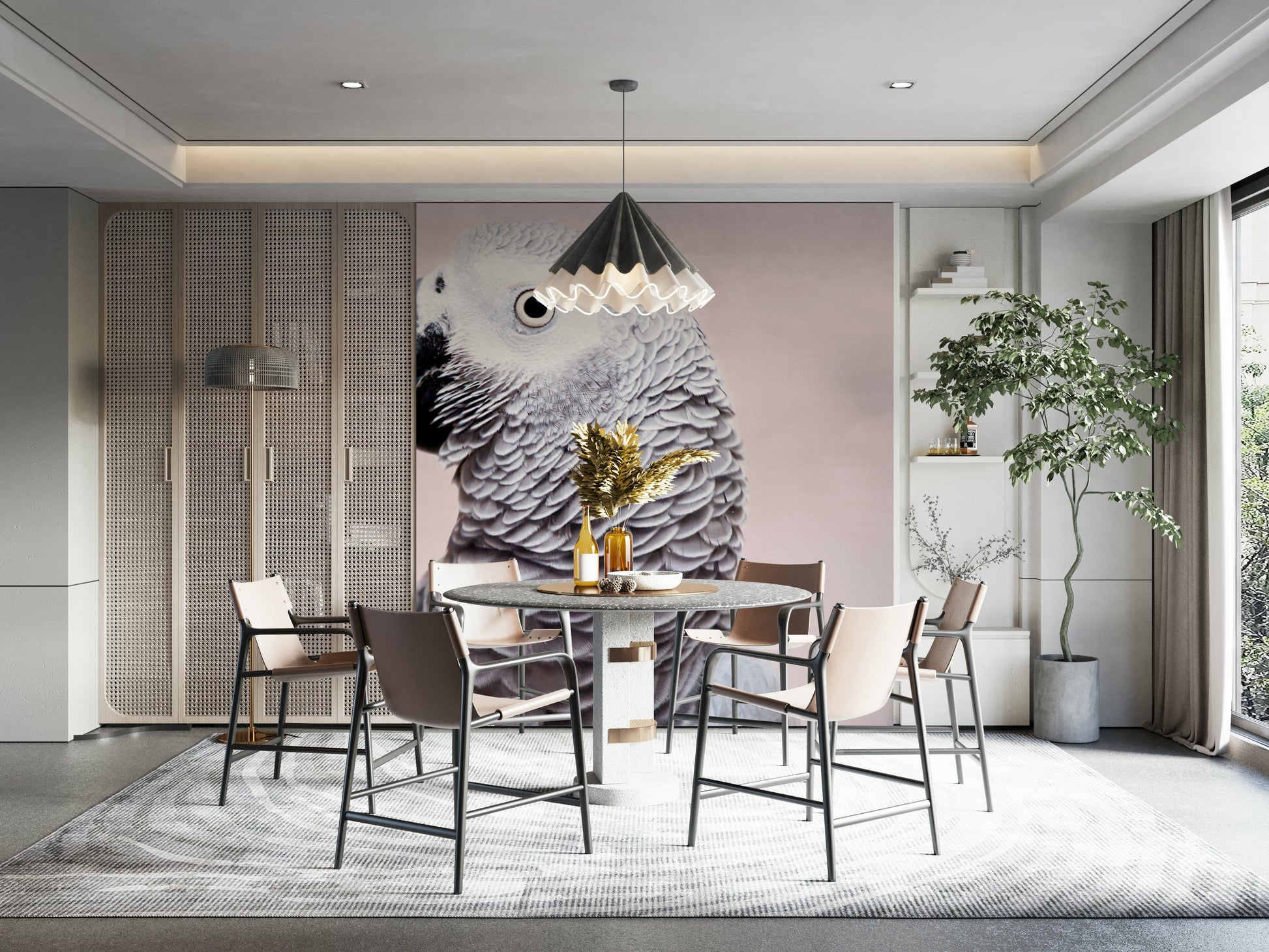 Bird-themed mural with realistic parrot artwork

