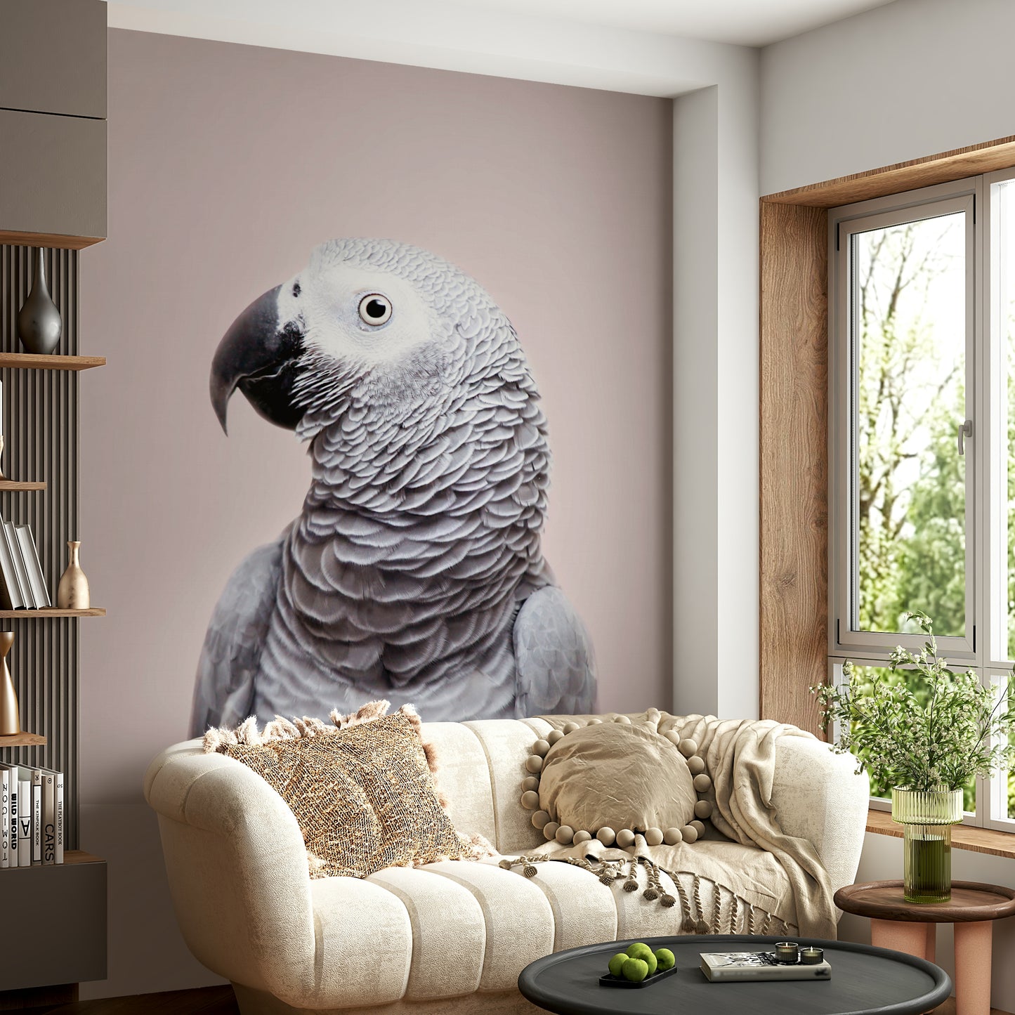 Grey parrot wall art with tropical foliage

