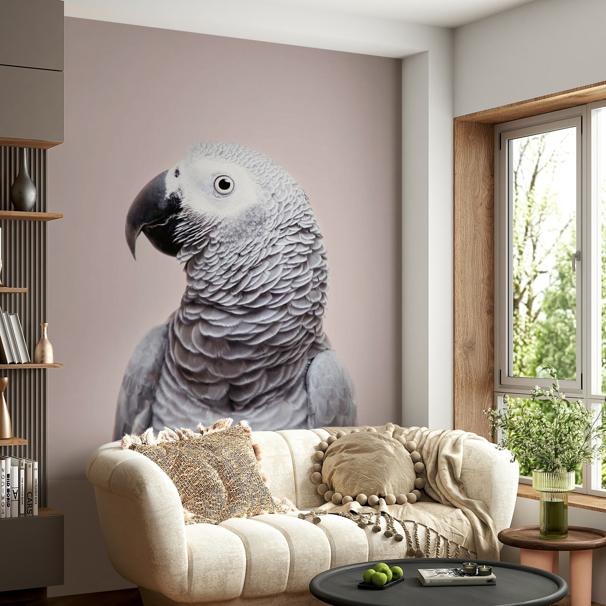 Grey parrot wall art with tropical foliage

