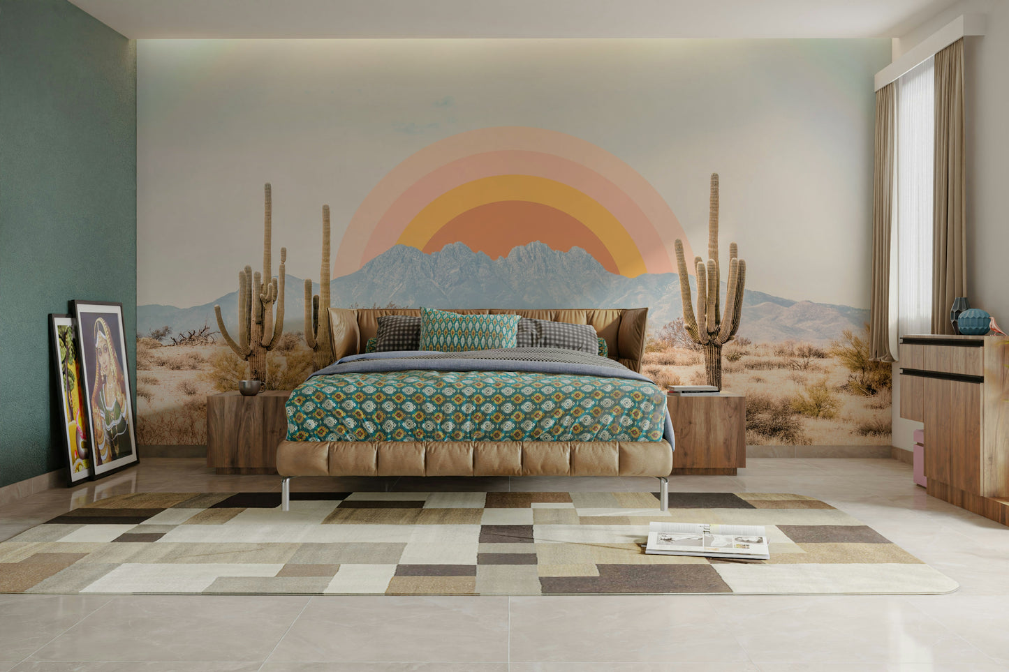 Colorful desert morning mural with mountain view

