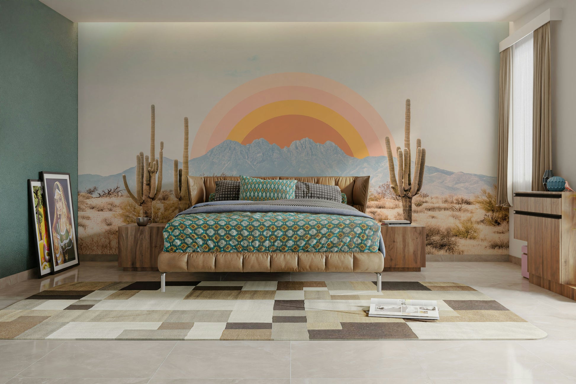 Colorful desert morning mural with mountain view

