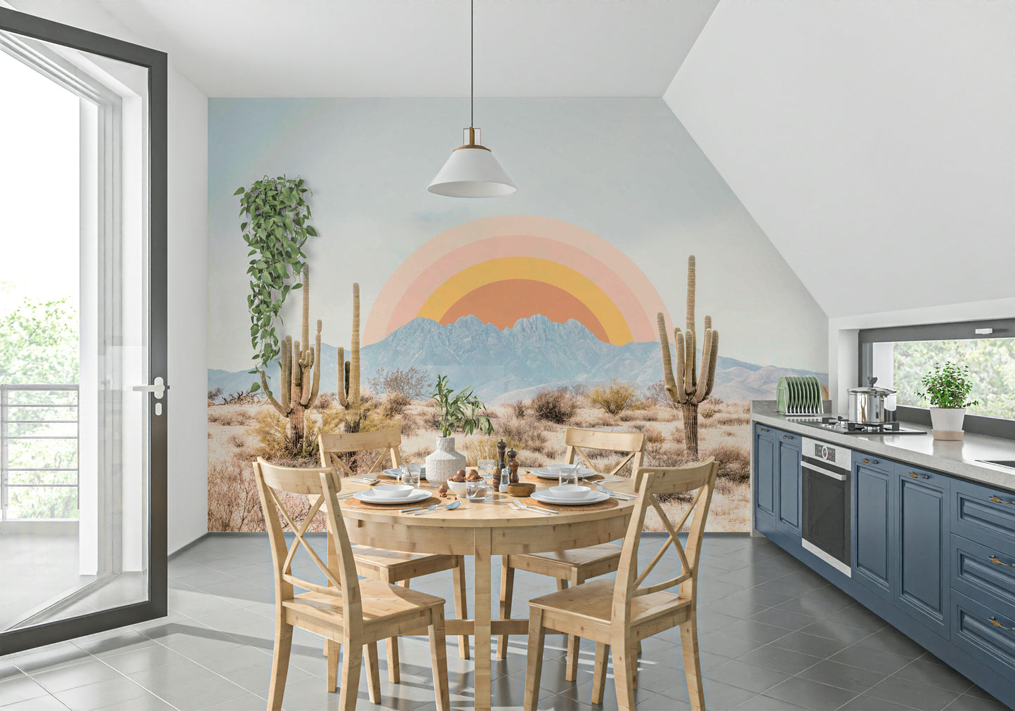 Serene desert sunrise mural for peaceful interiors

