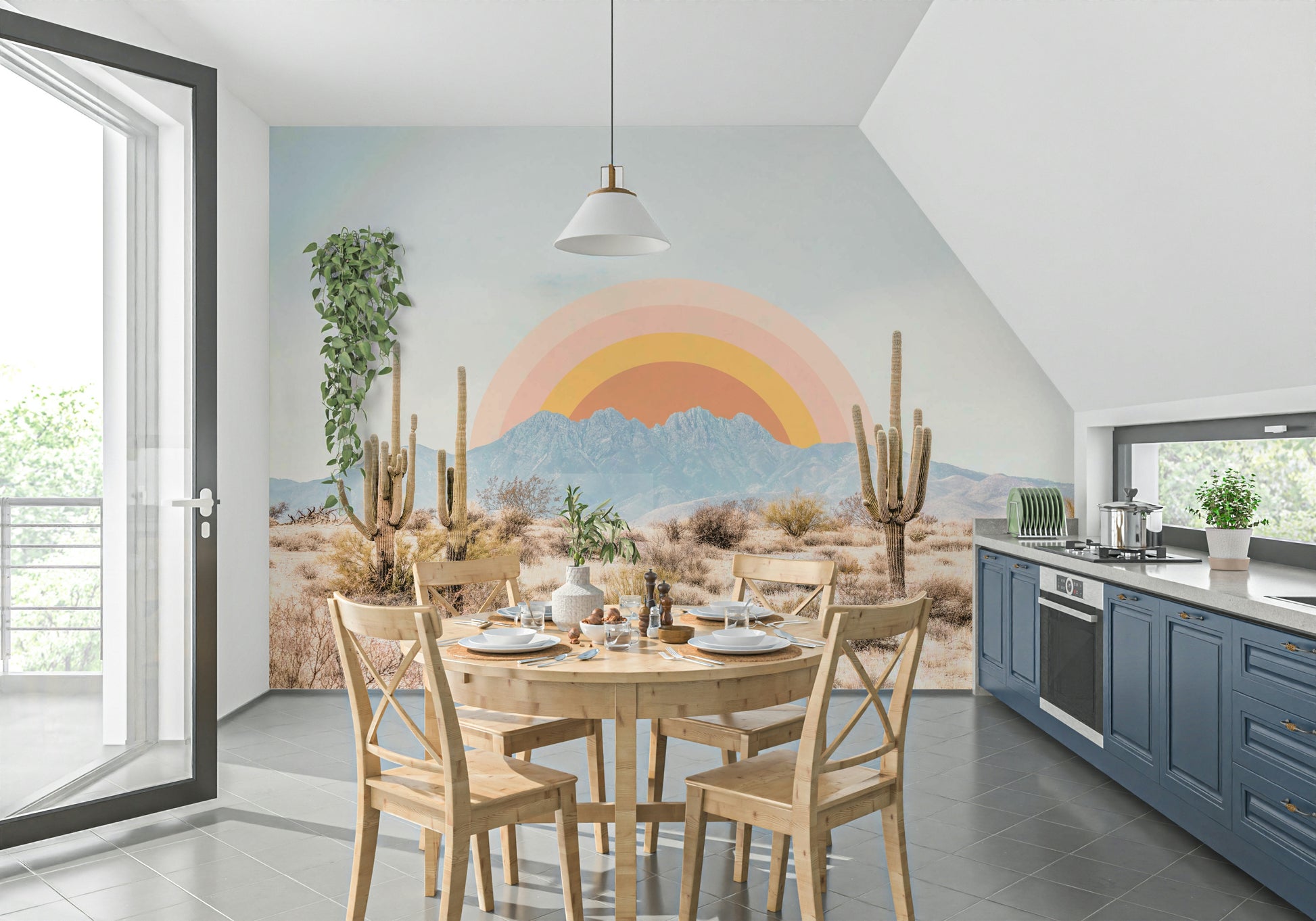 Serene desert sunrise mural for peaceful interiors

