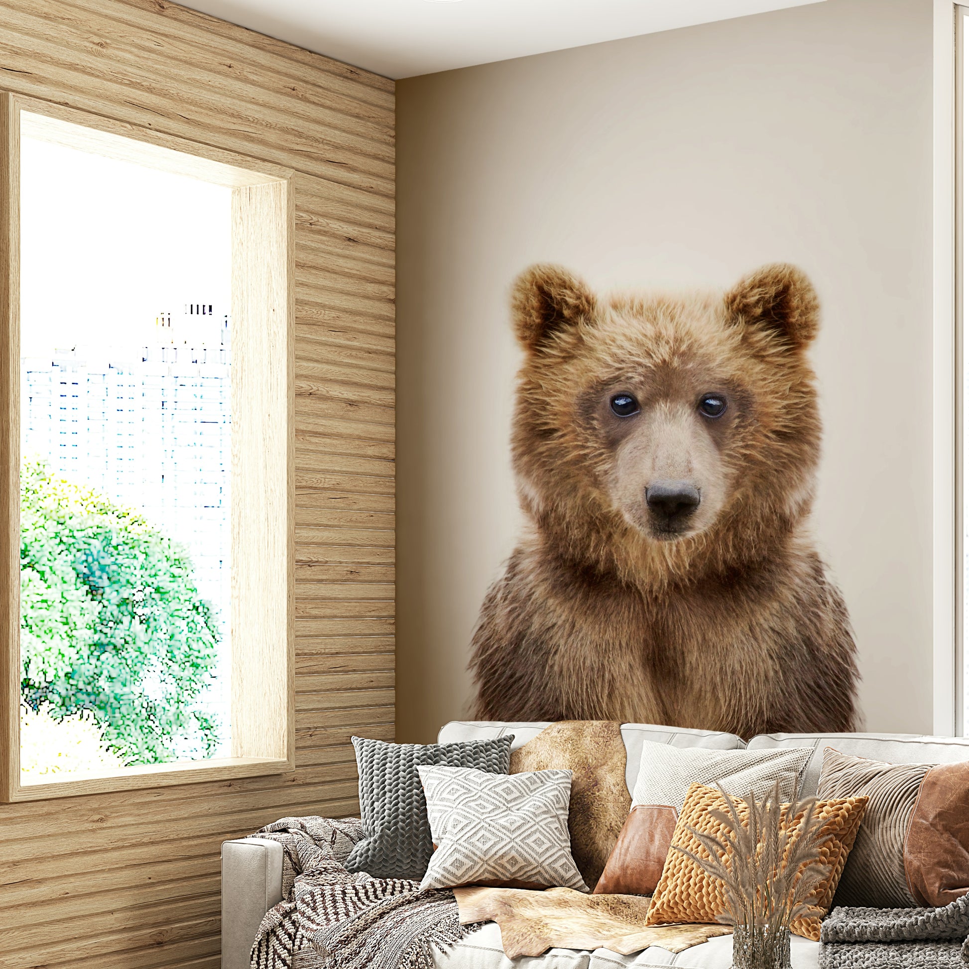 Cozy bear cub mural in soft, earthy tones

