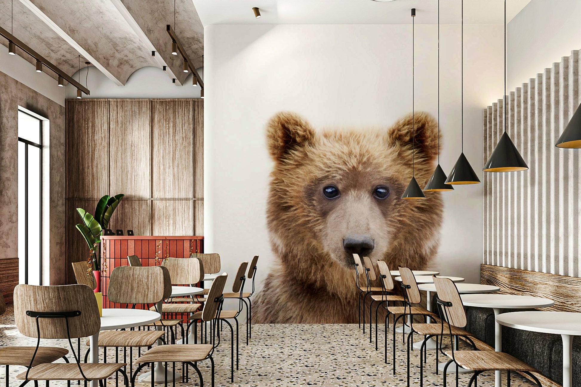 Cute cartoon bear mural for playful interiors

