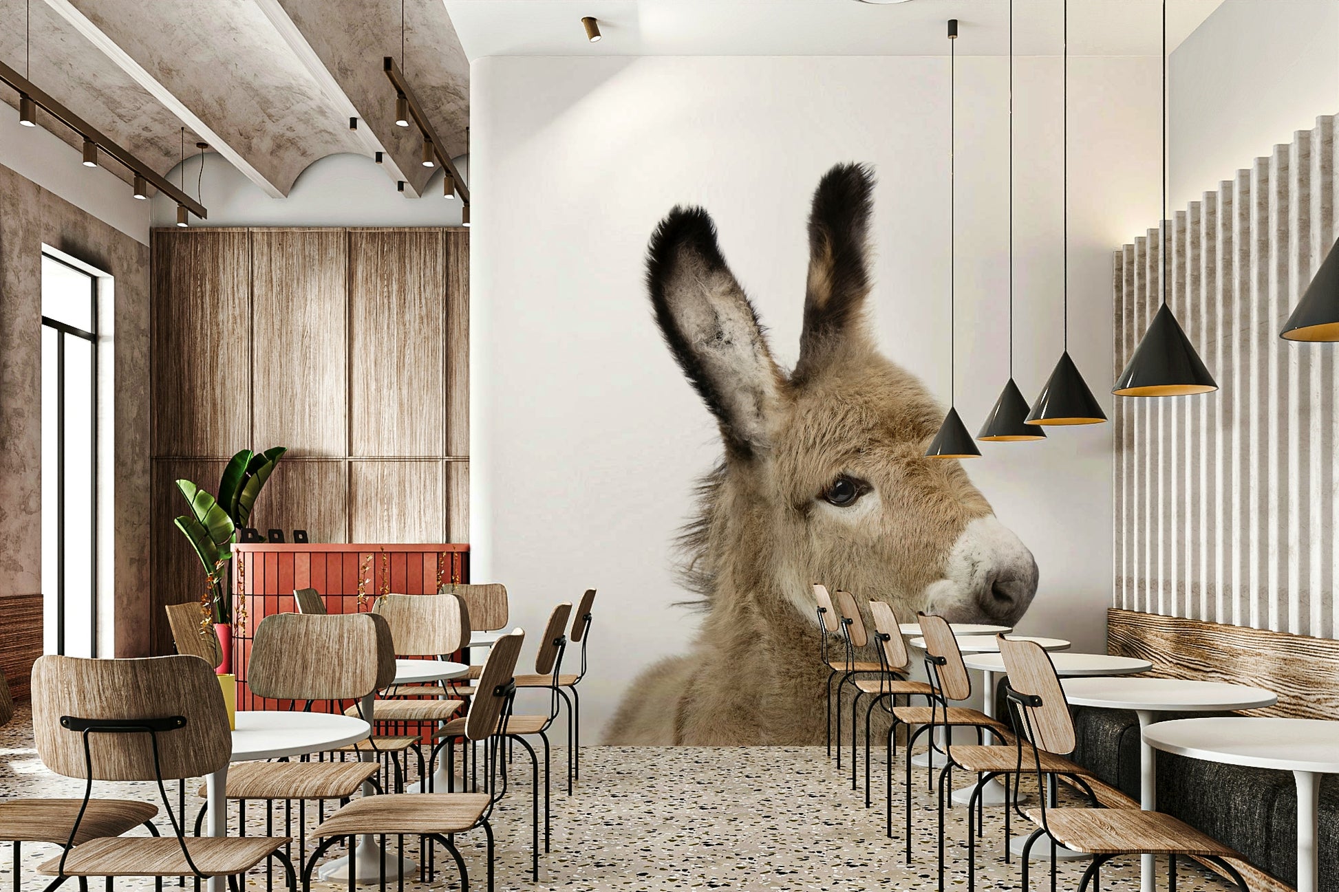 Soft baby donkey mural in pastel countryside tones

