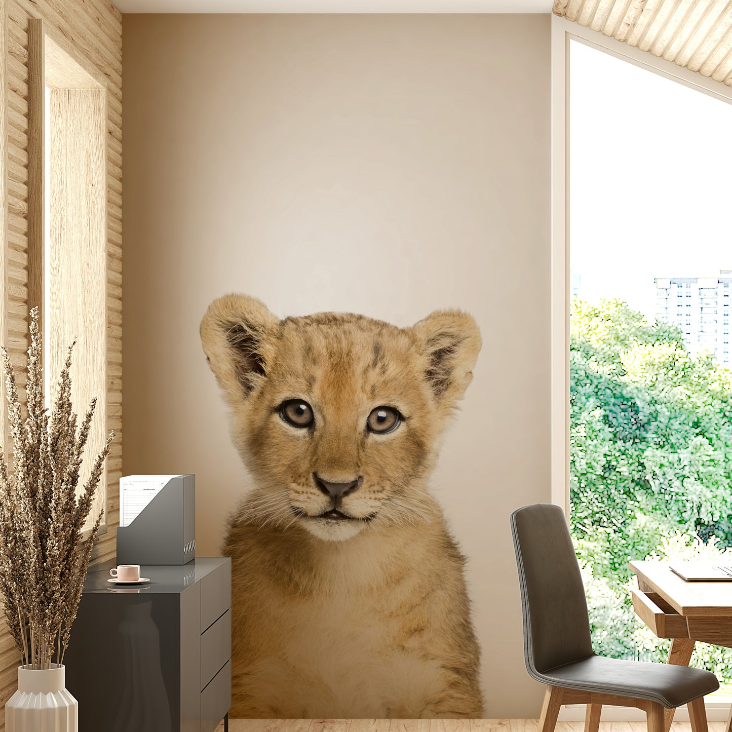 Smiling lion cub mural for kids’ jungle room

