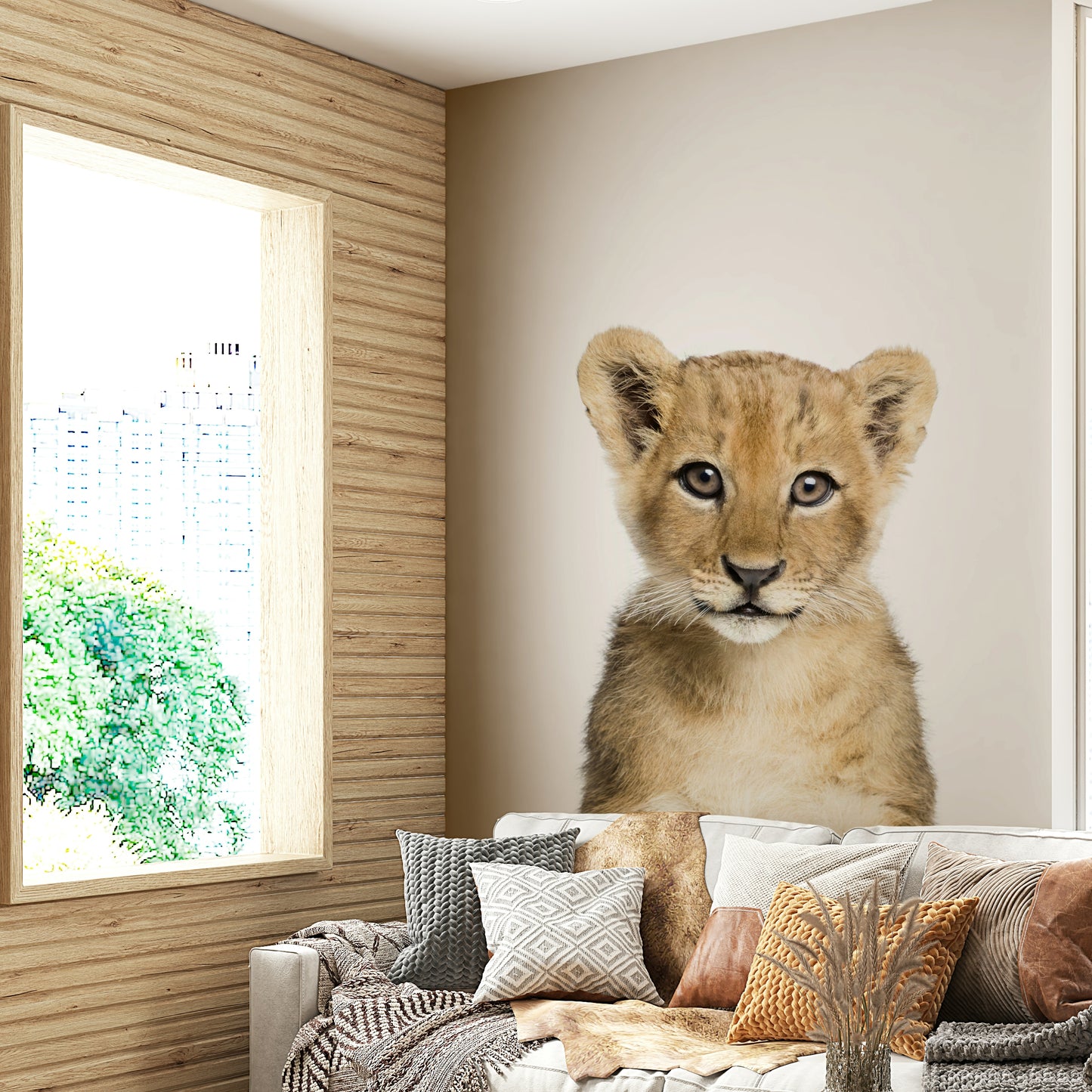 Cute baby lion wall mural for safari nursery


