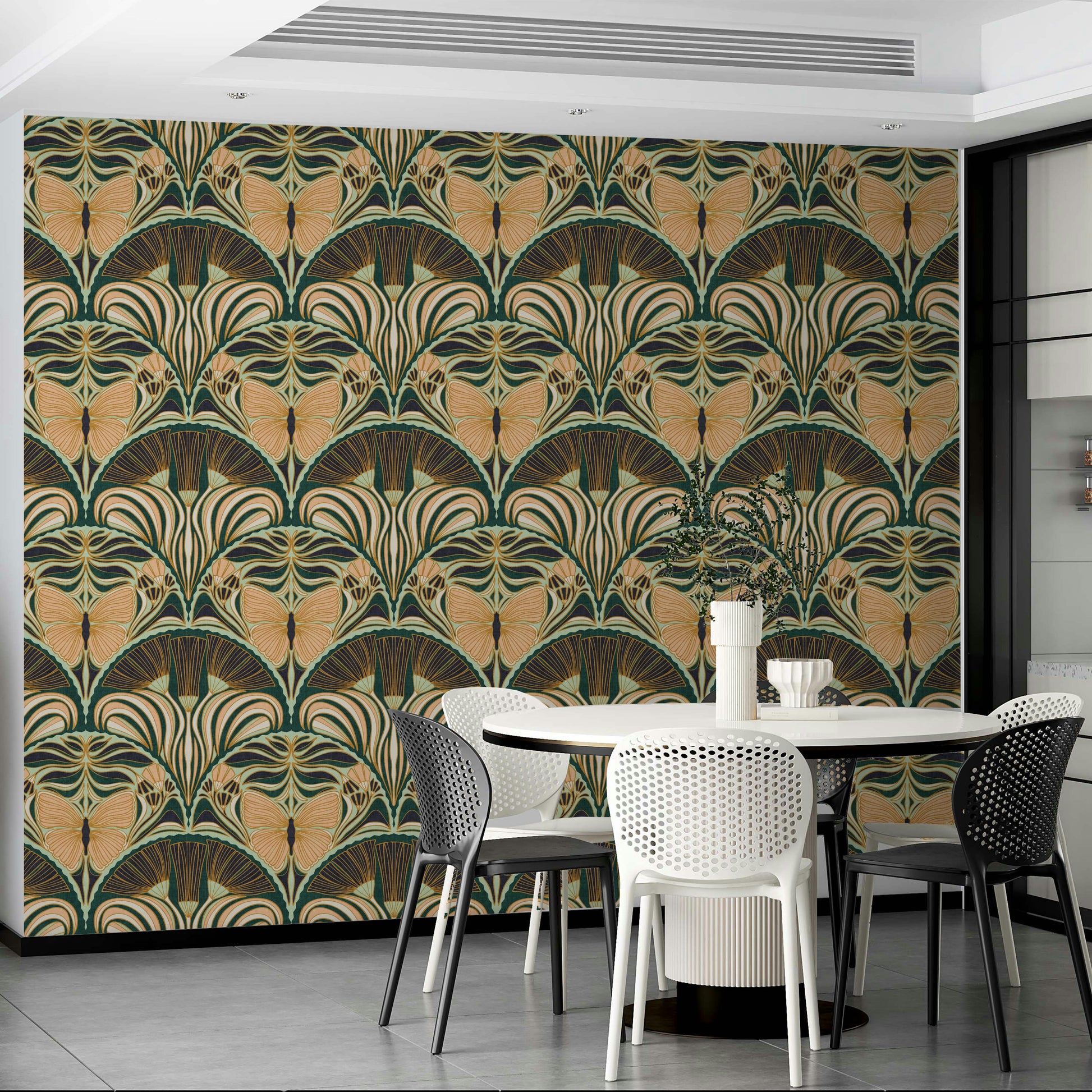 Elegant butterfly design on Art Deco fan wallpaper

