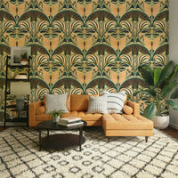 Feature wallpaper blending Art Deco fans and butterflies

