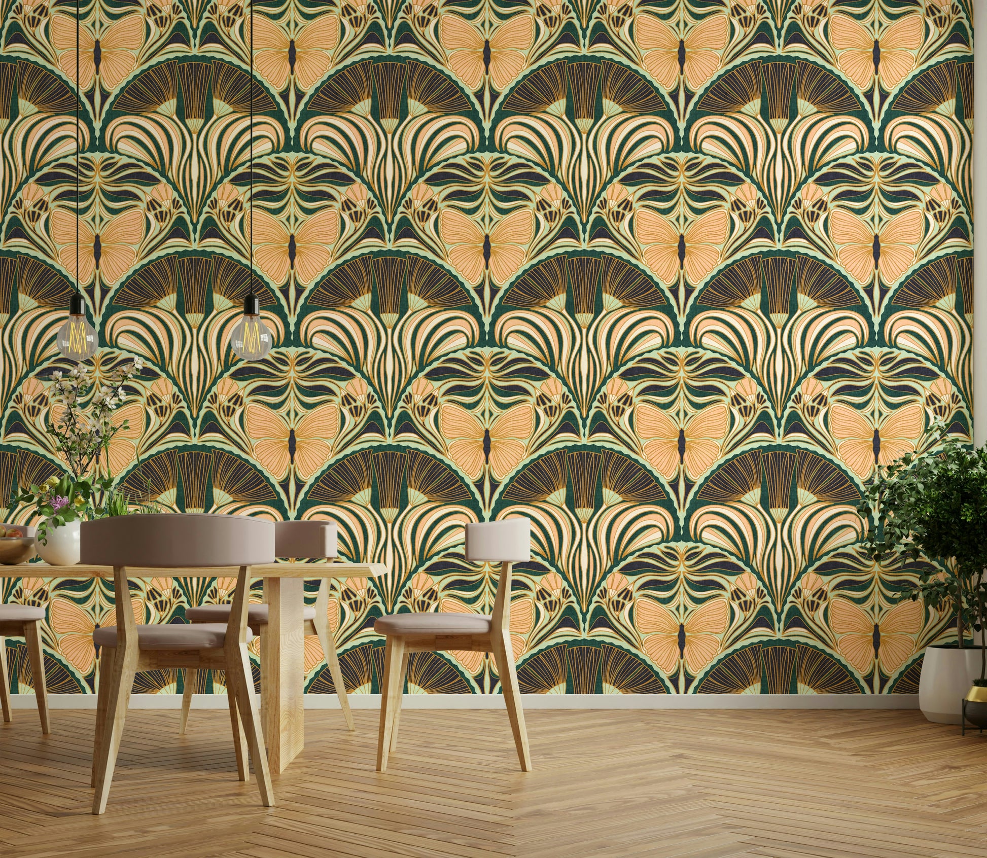 Decorative wallcovering with geometric and nature themes

