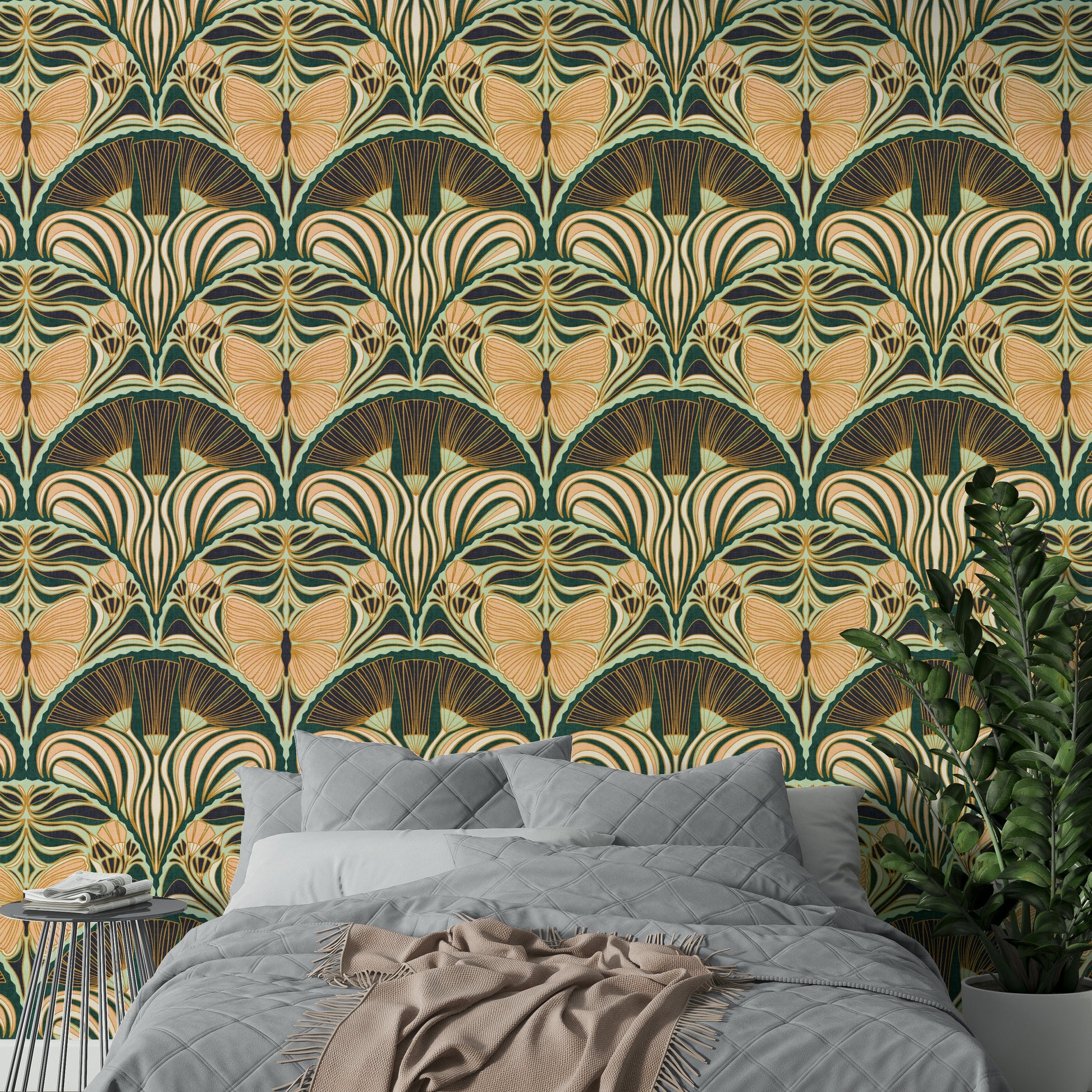 Metallic accented Gatsby wallpaper with butterfly detail

