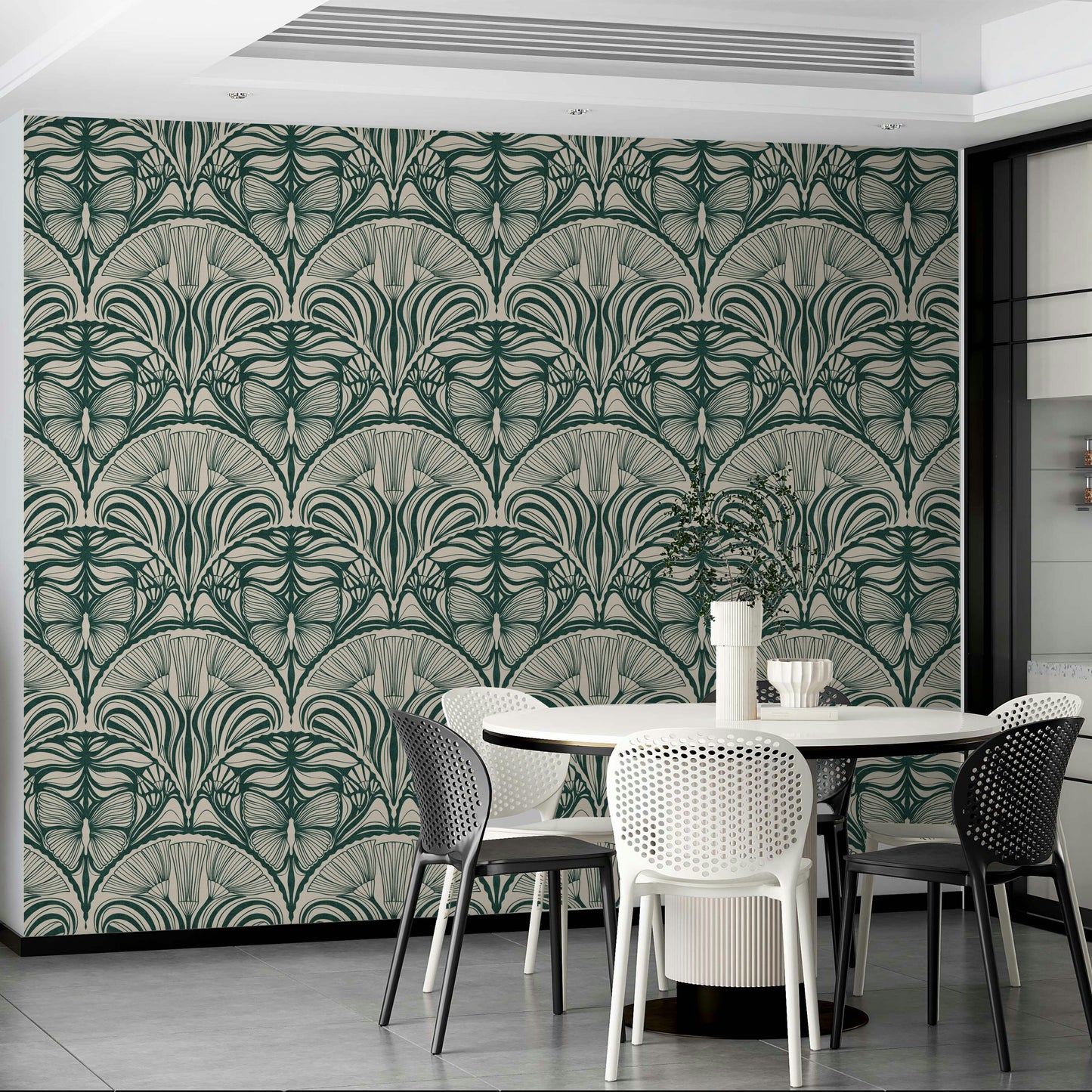 Art Deco fan wallpaper in rich emerald tone

