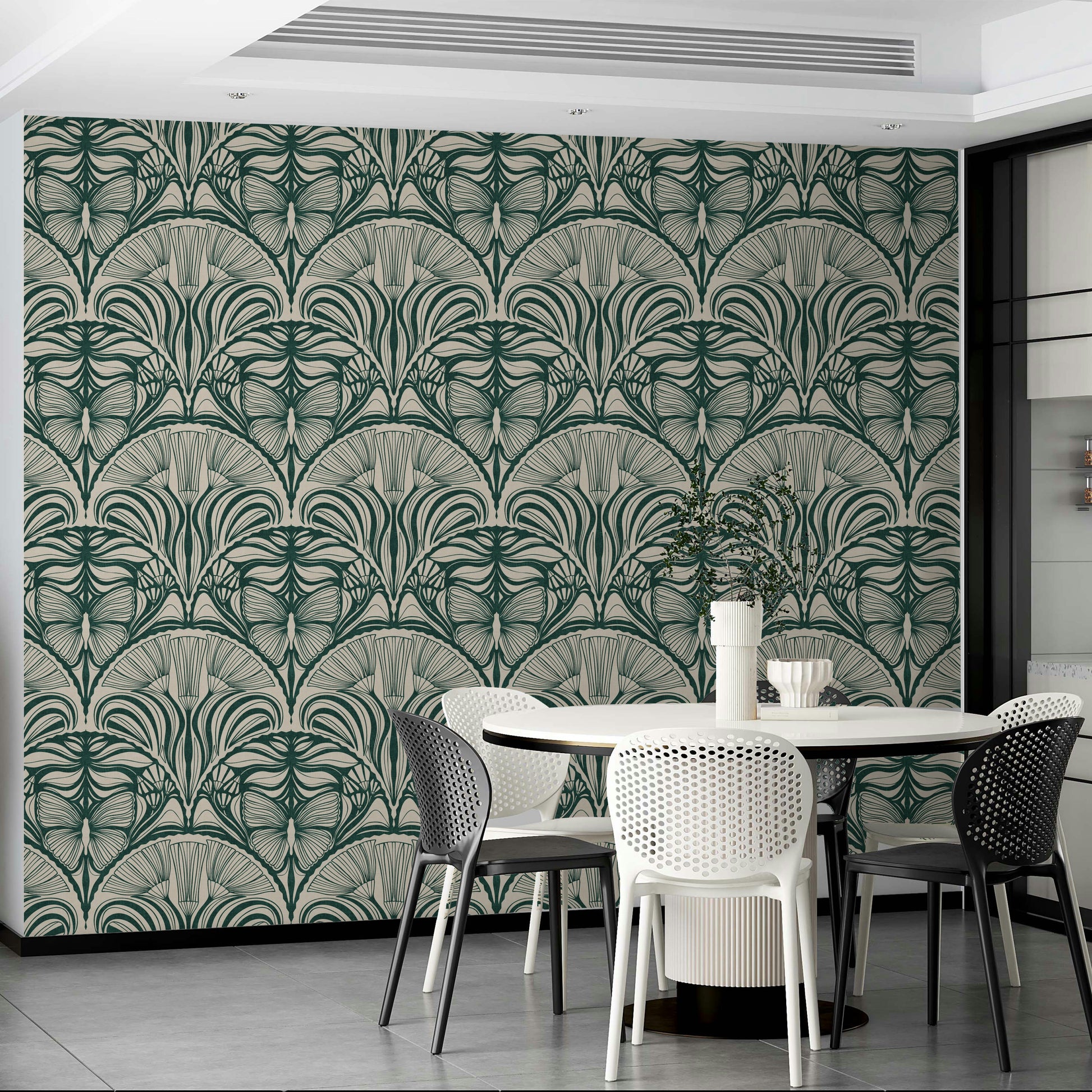 Art Deco fan wallpaper in rich emerald tone

