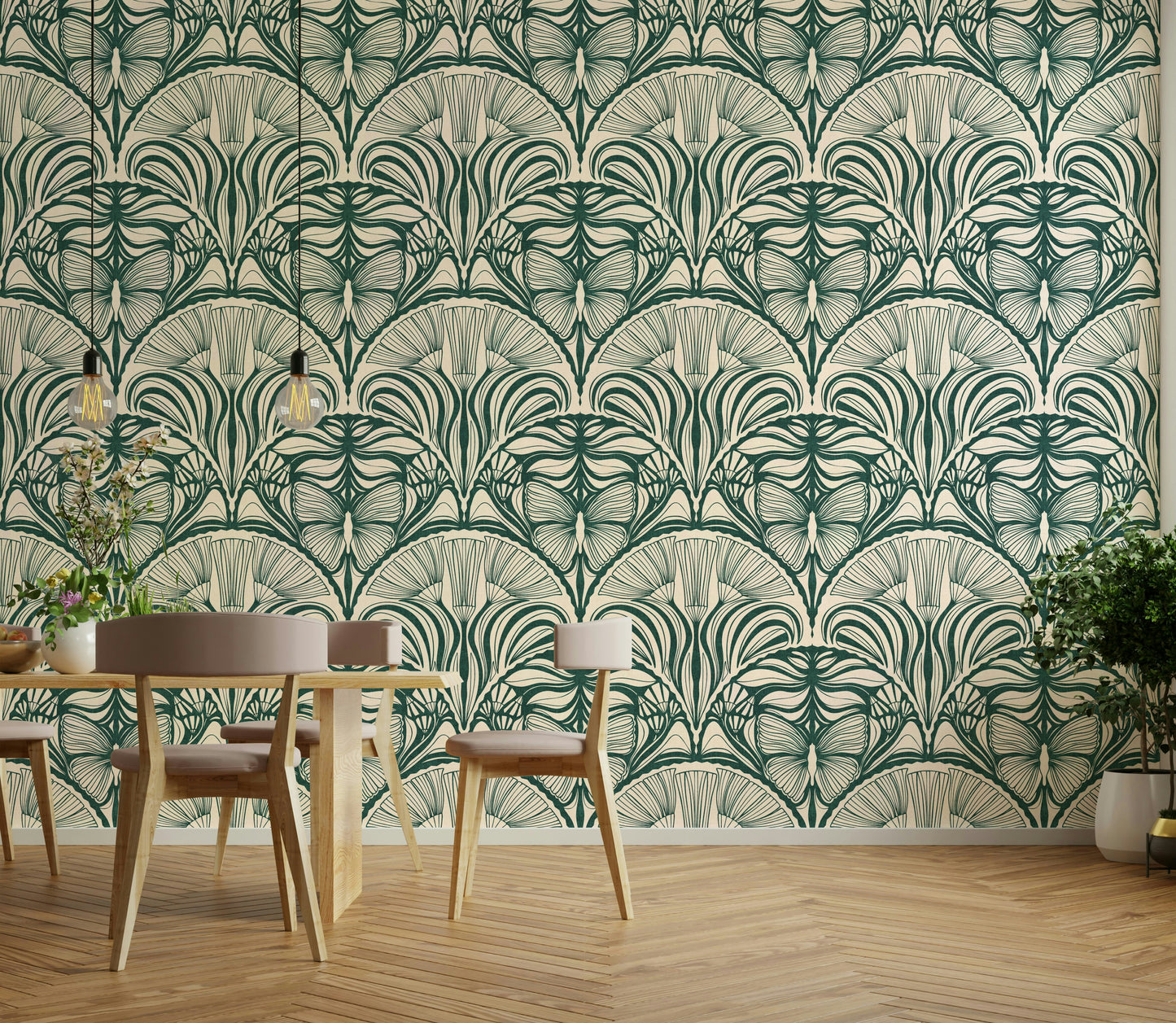 Emerald green wallpaper with shimmering fan shapes

