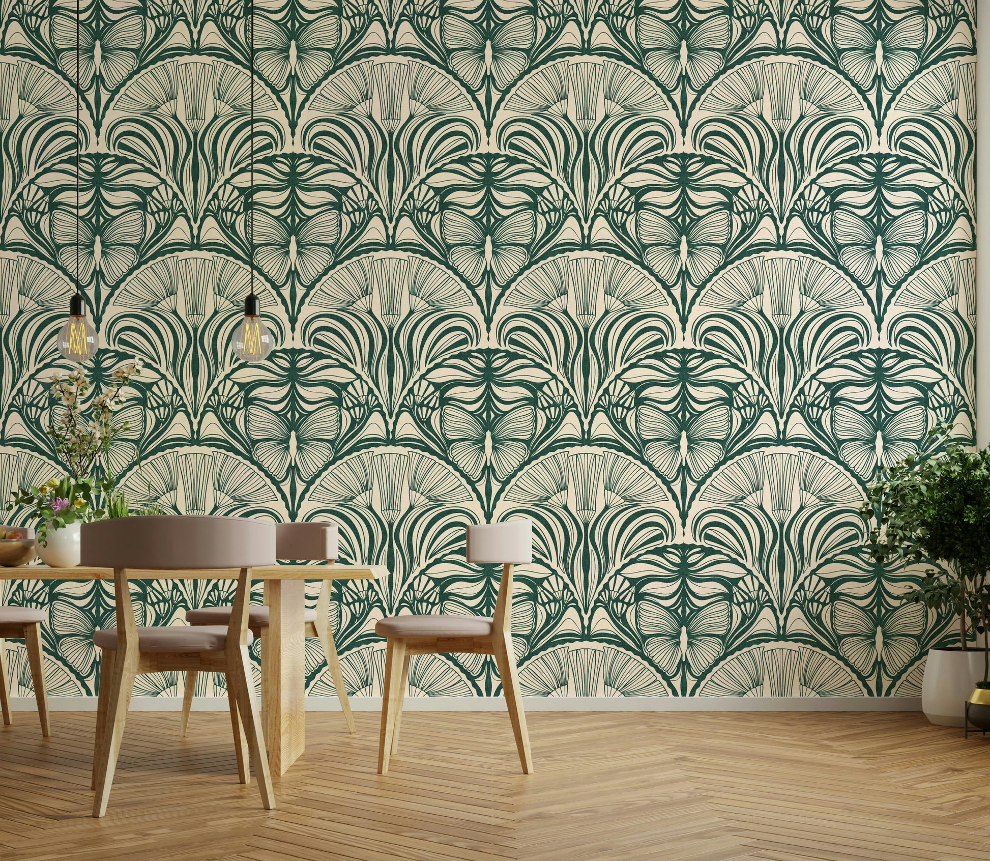 Emerald green wallpaper with shimmering fan shapes

