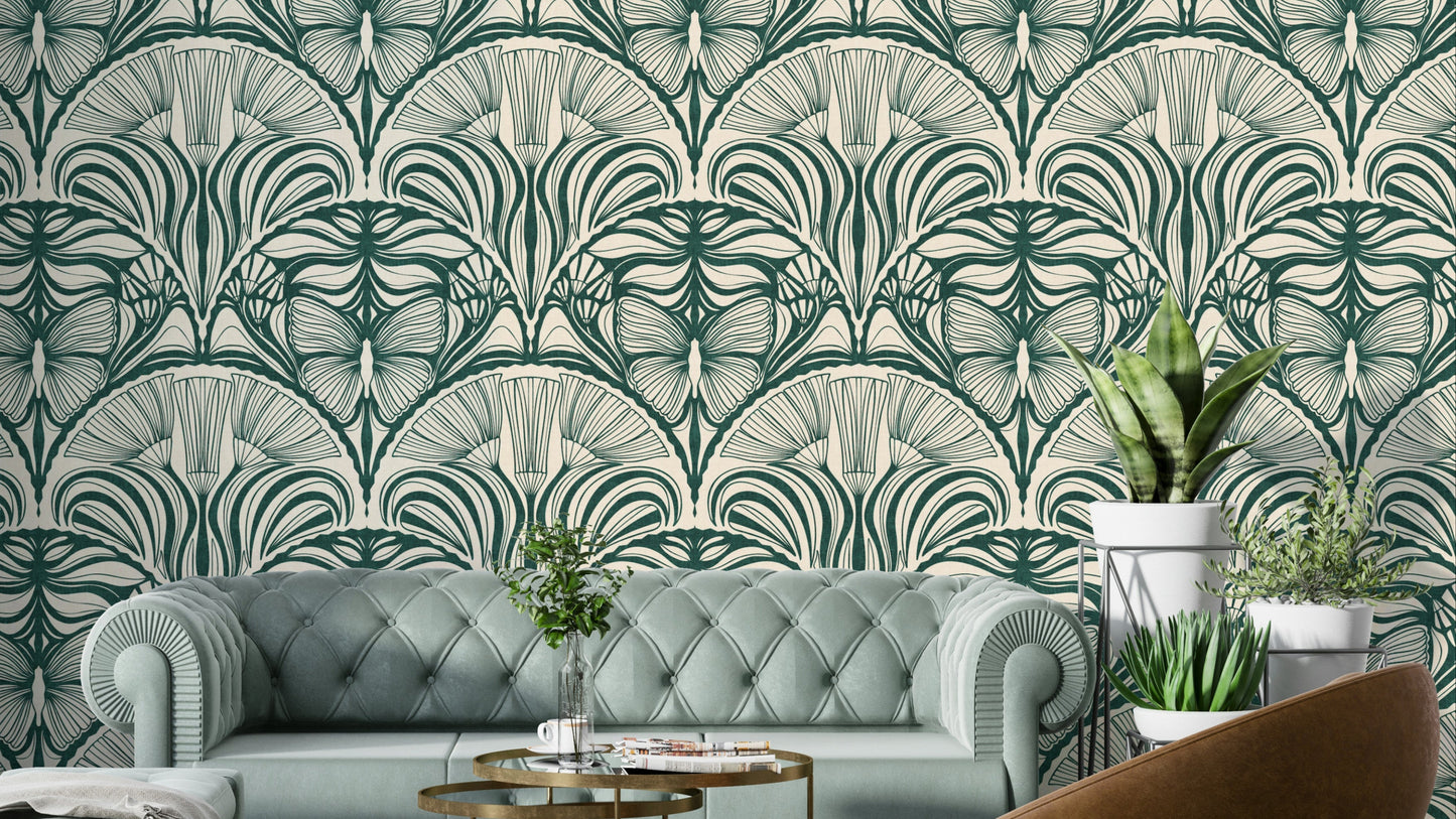 1920s-style green wallpaper with luxe detailing

