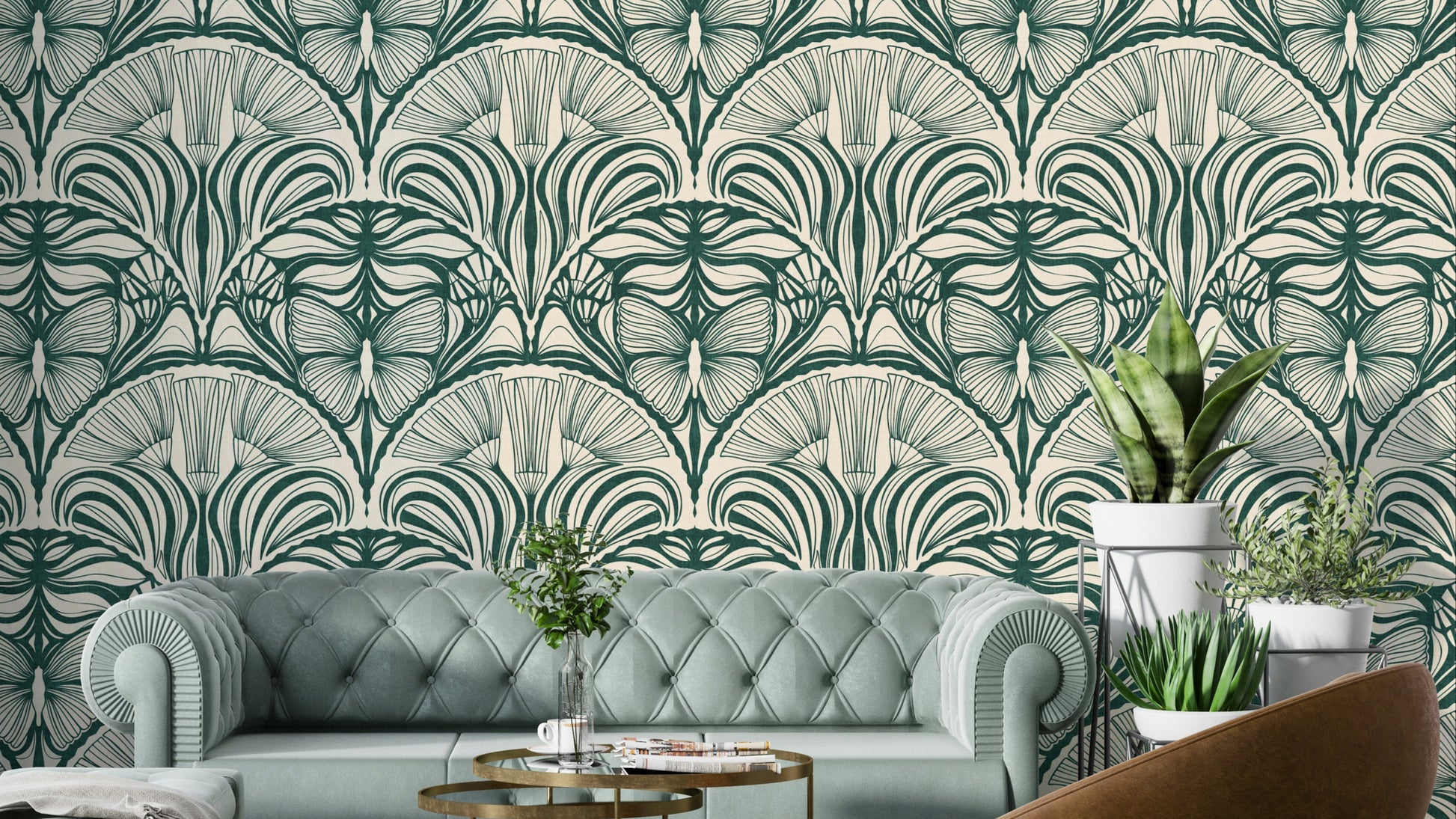 1920s-style green wallpaper with luxe detailing

