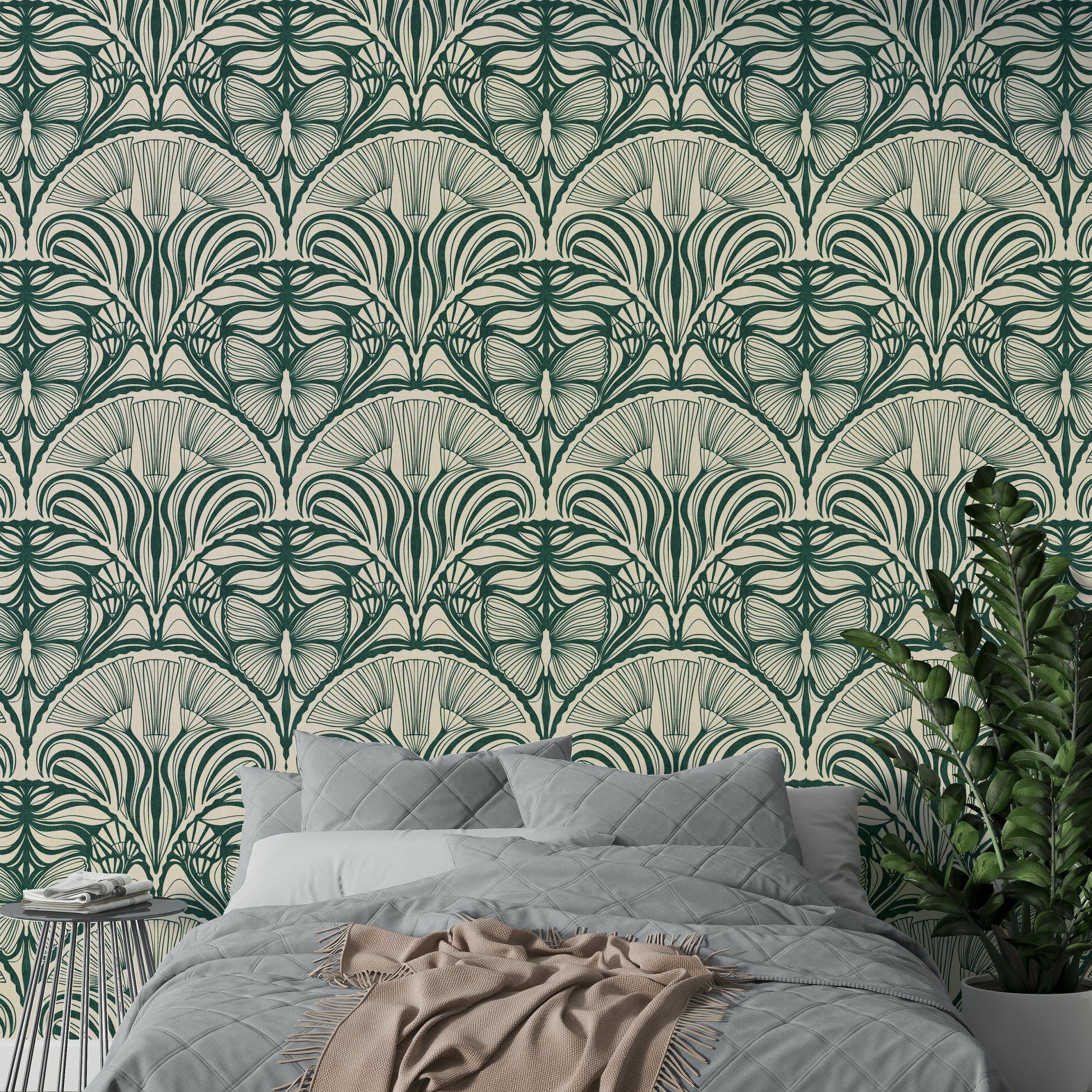 Elegant Deco wallpaper with green and gold accents


