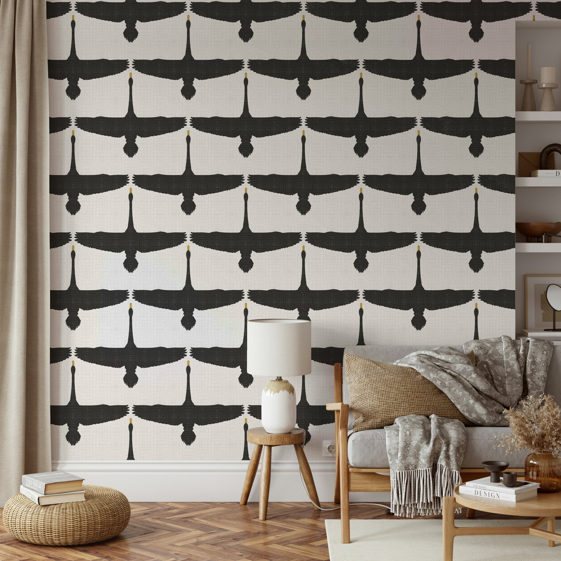Tranquil wallpaper design with swan motif in gray

