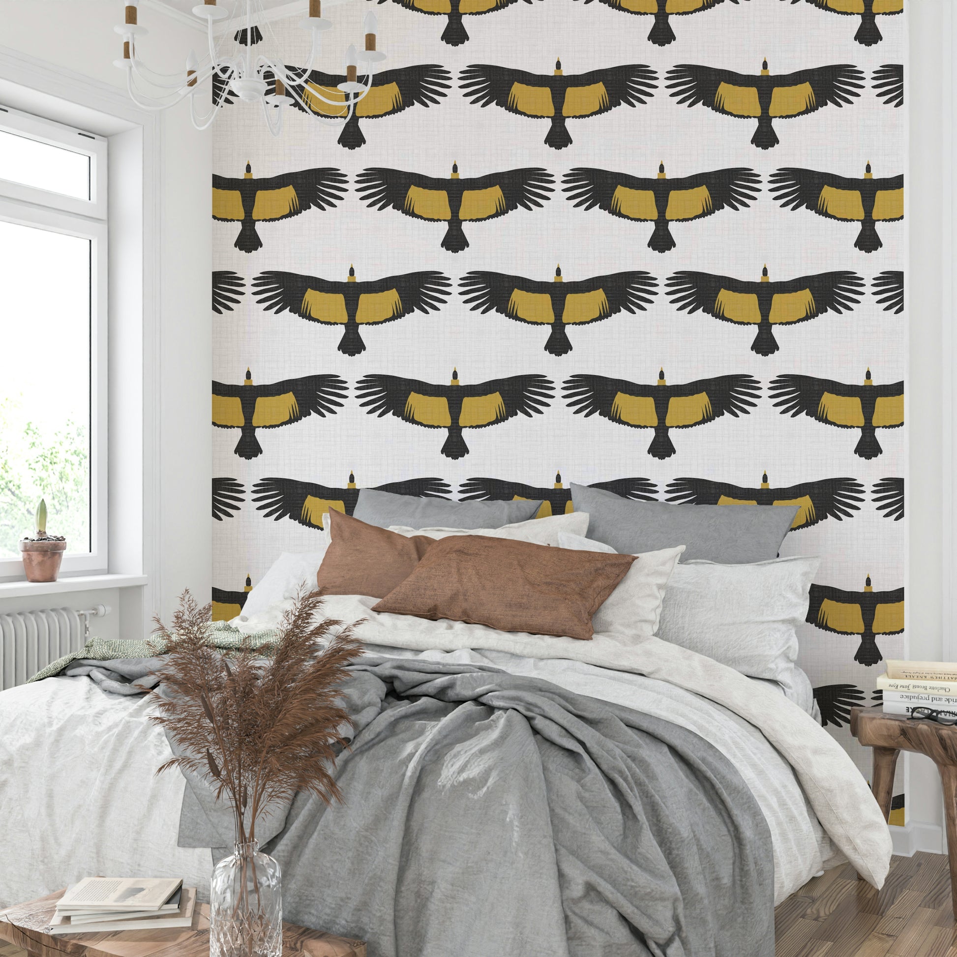 Subtle rustic white wallpaper with condor silhouettes

