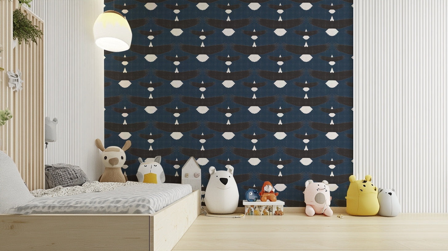 Rustic-style wallpaper with flying bald eagle pattern

