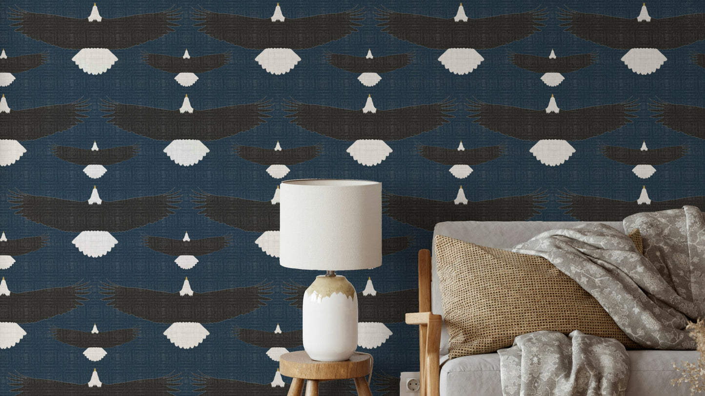 Bold blue wall design with soaring eagle illustrations


