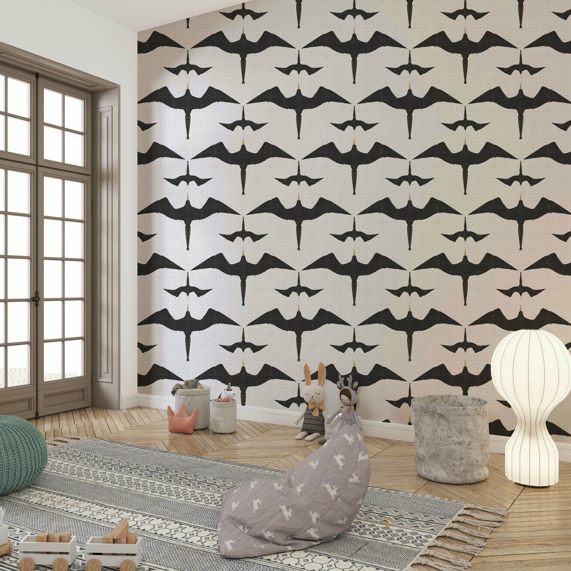 Close-up of frigatebird design on white wallpaper

