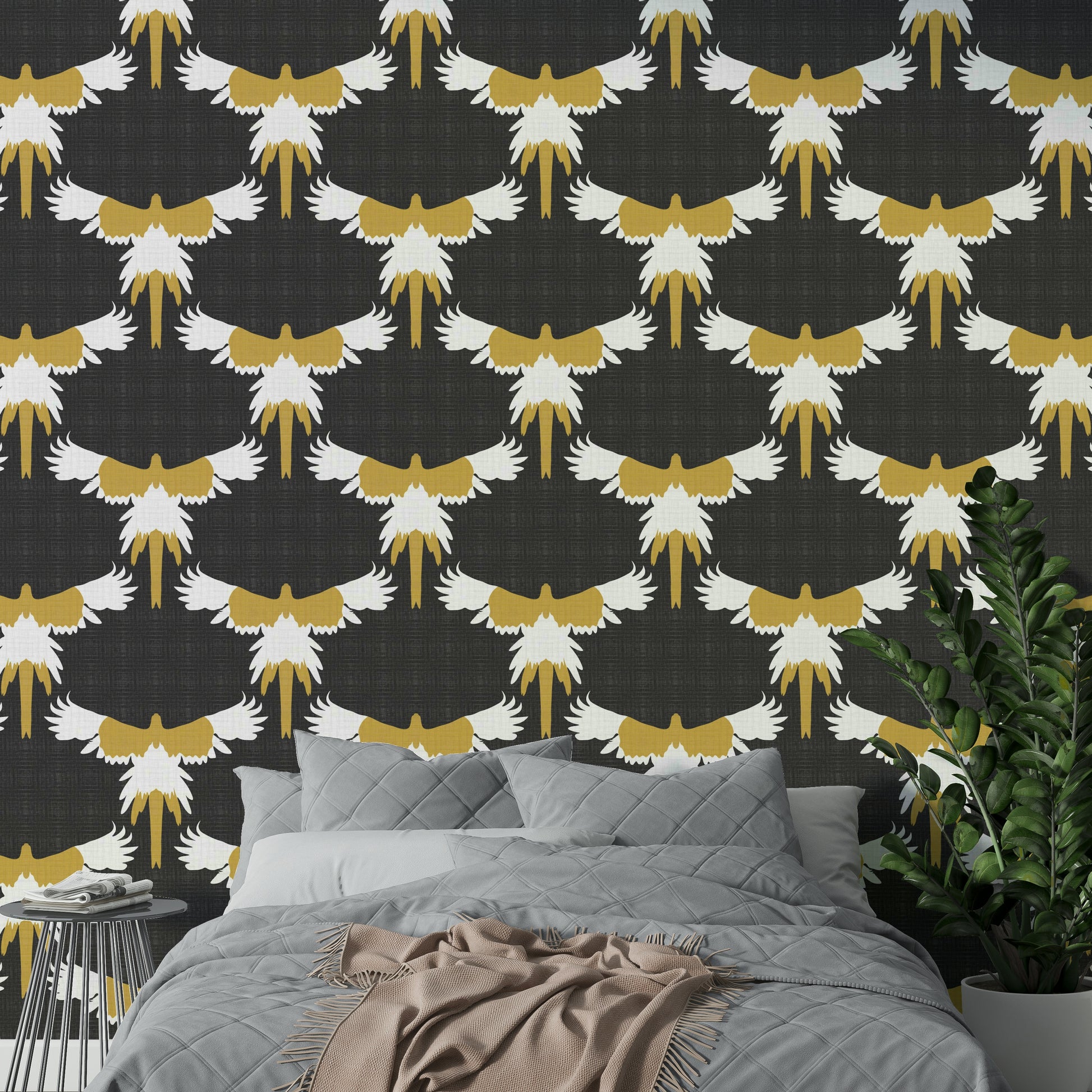 Elegant nature-inspired wallpaper with gray macaw flock

