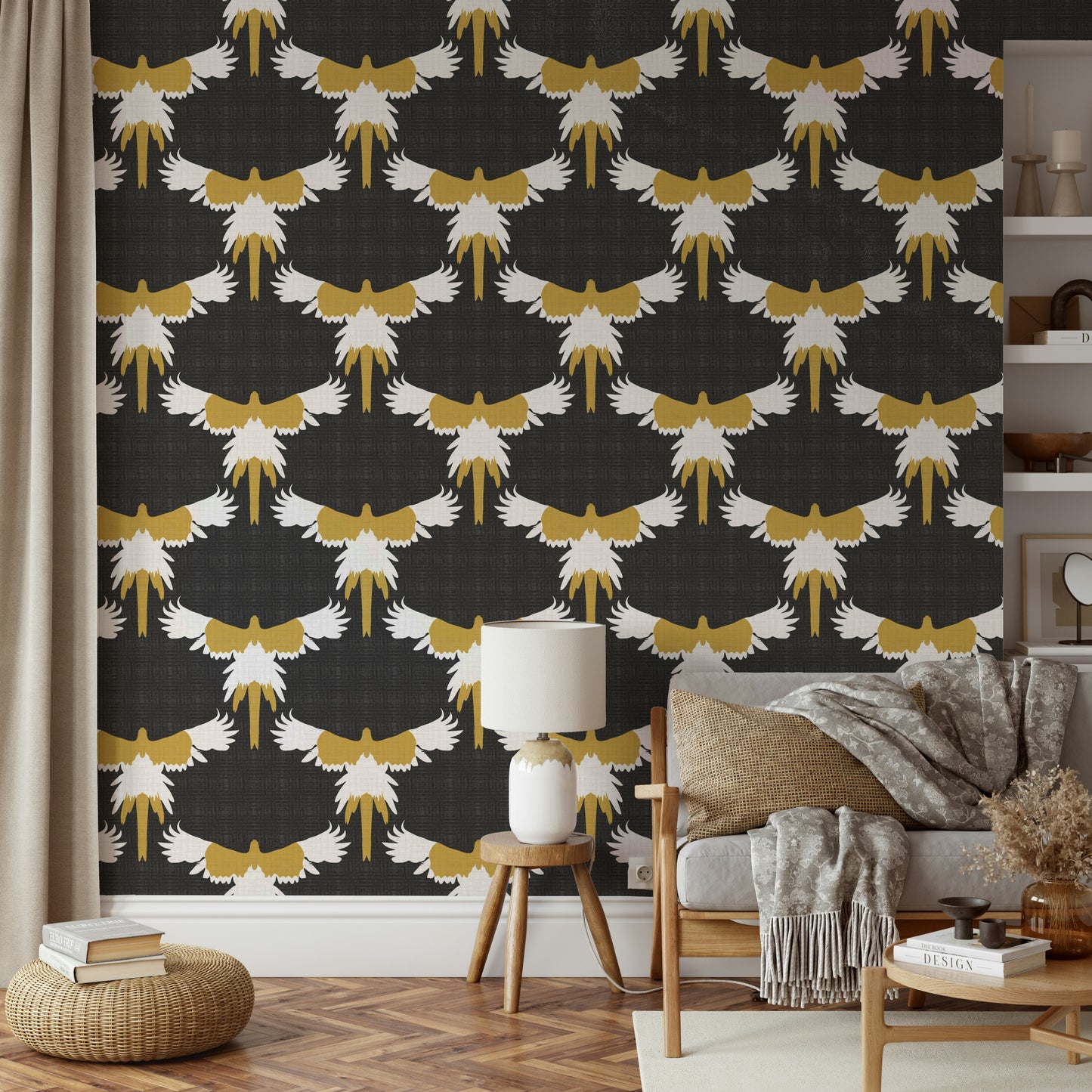 Neutral gray wallpaper with tropical macaw motif

