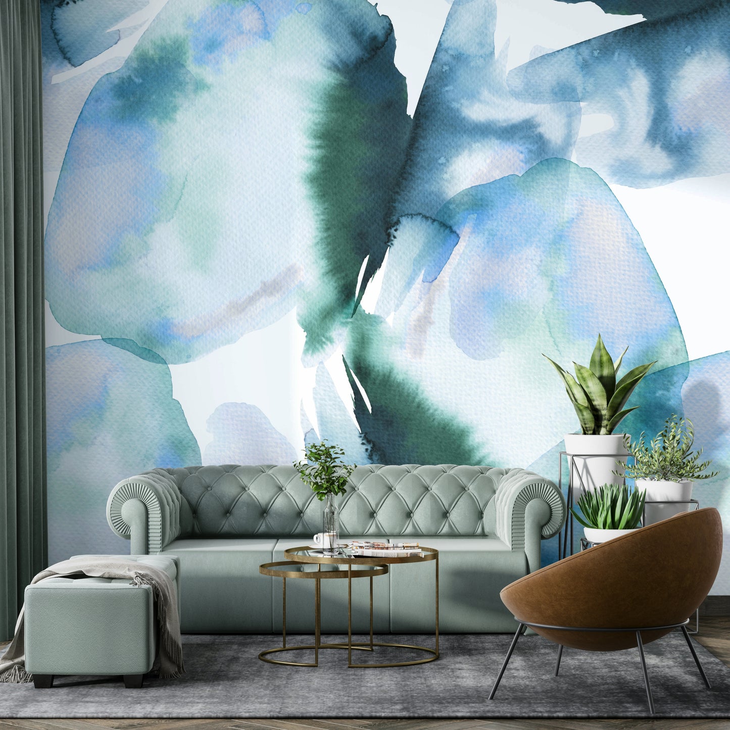 Serene blue mural with abstract horizon artwork

