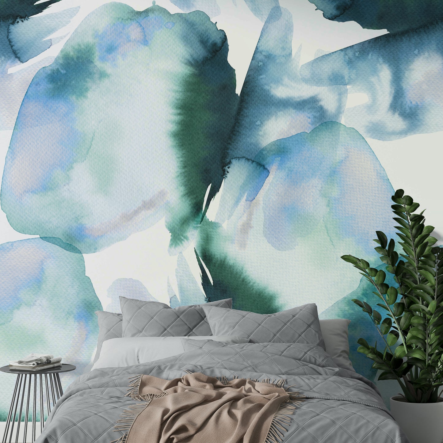 Soft abstract landscape mural in blue watercolor style

