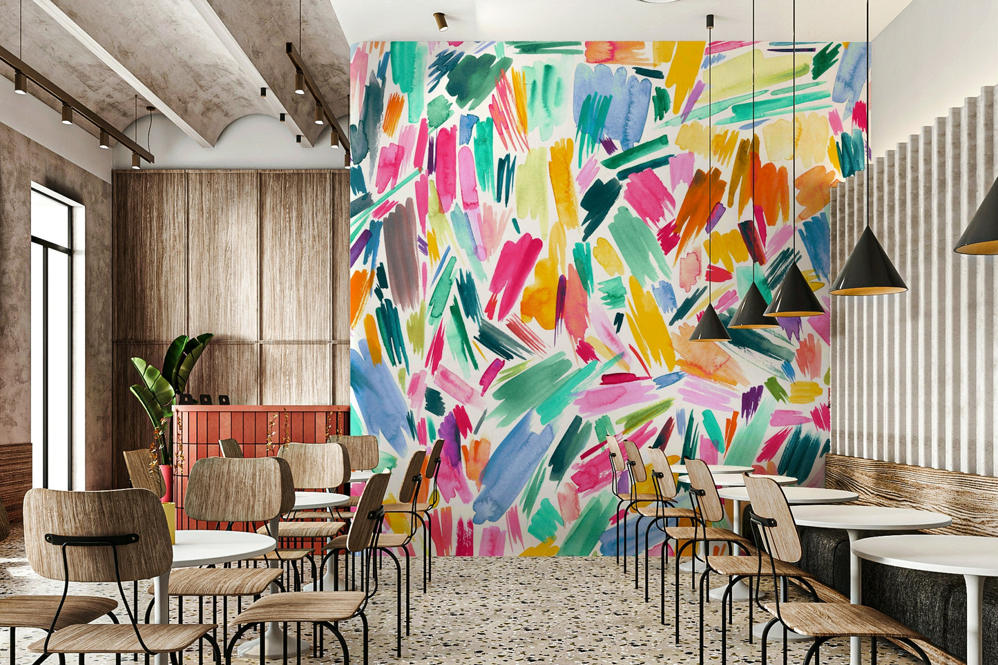 Artistic brushstrokes mural in bold vivid tones

