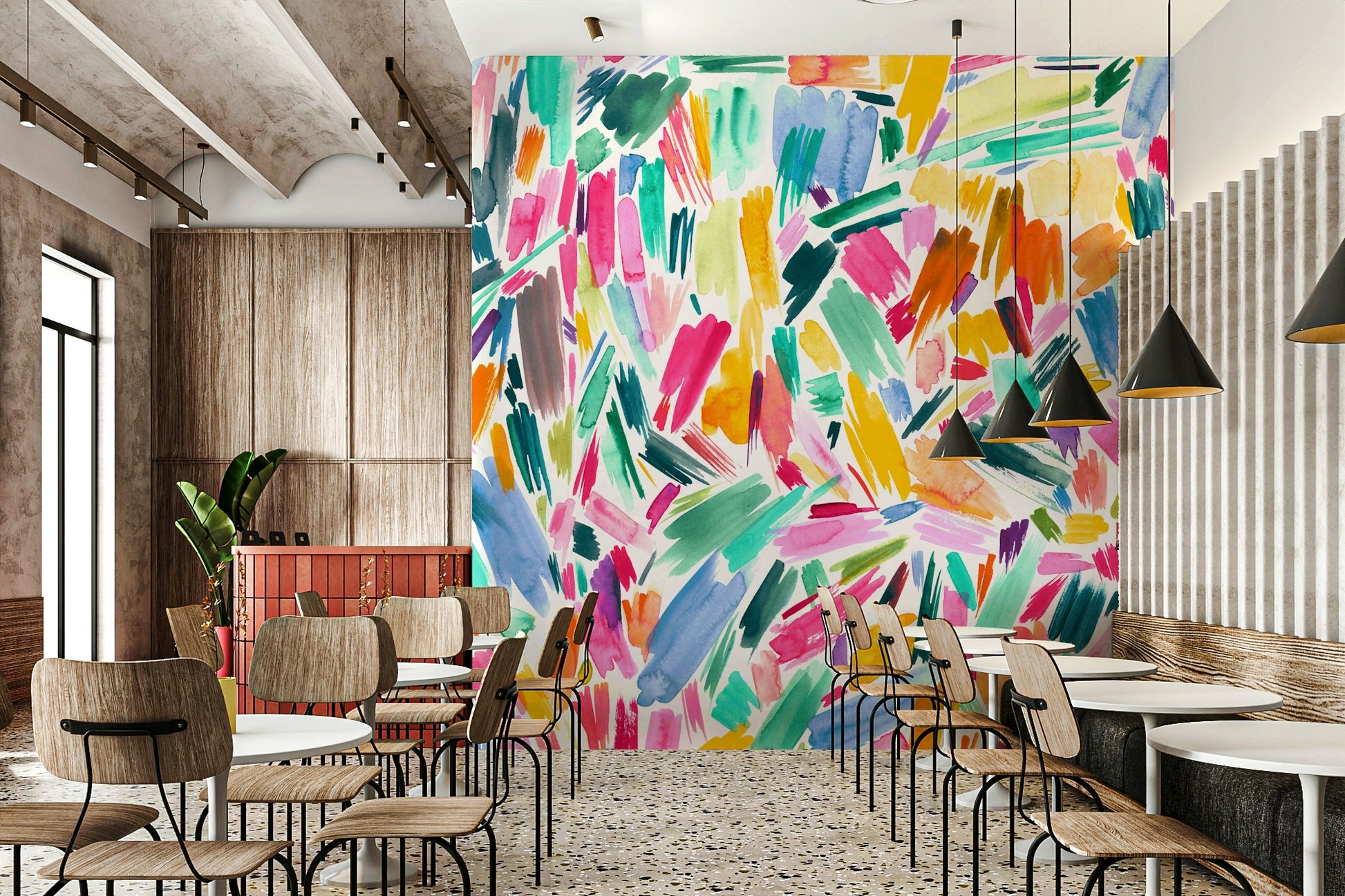 Artistic brushstrokes mural in bold vivid tones

